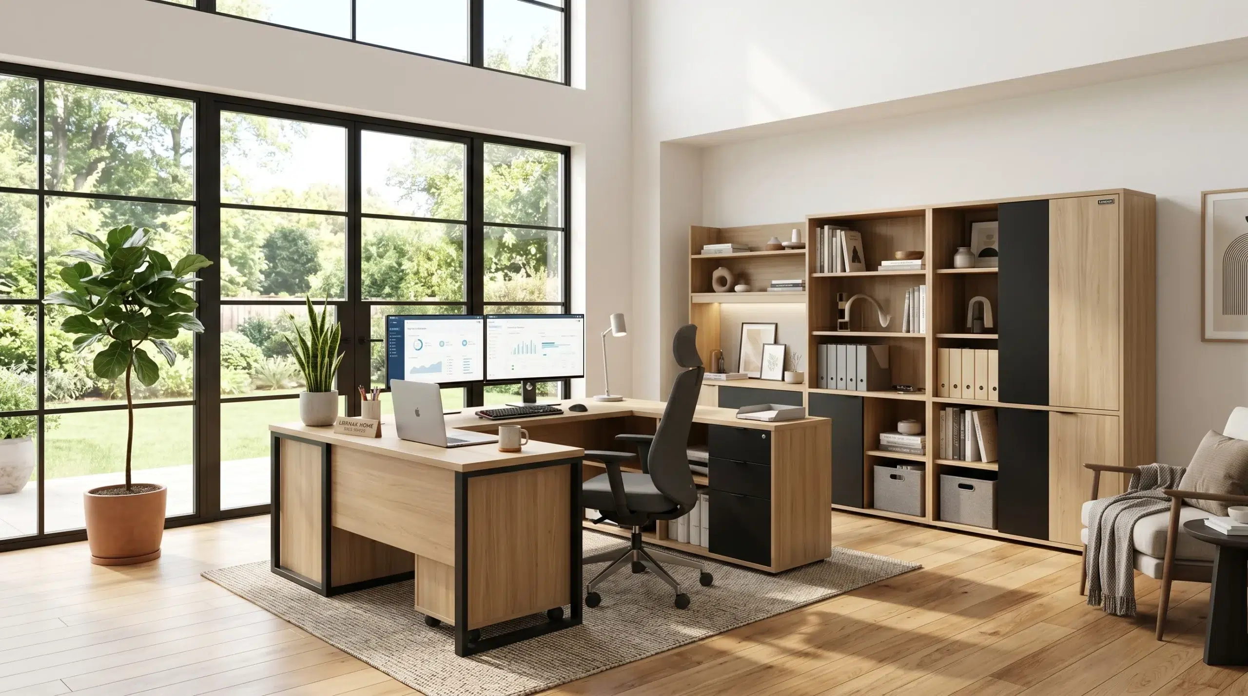 Upholstered accent chair and floor lamp in a home office.