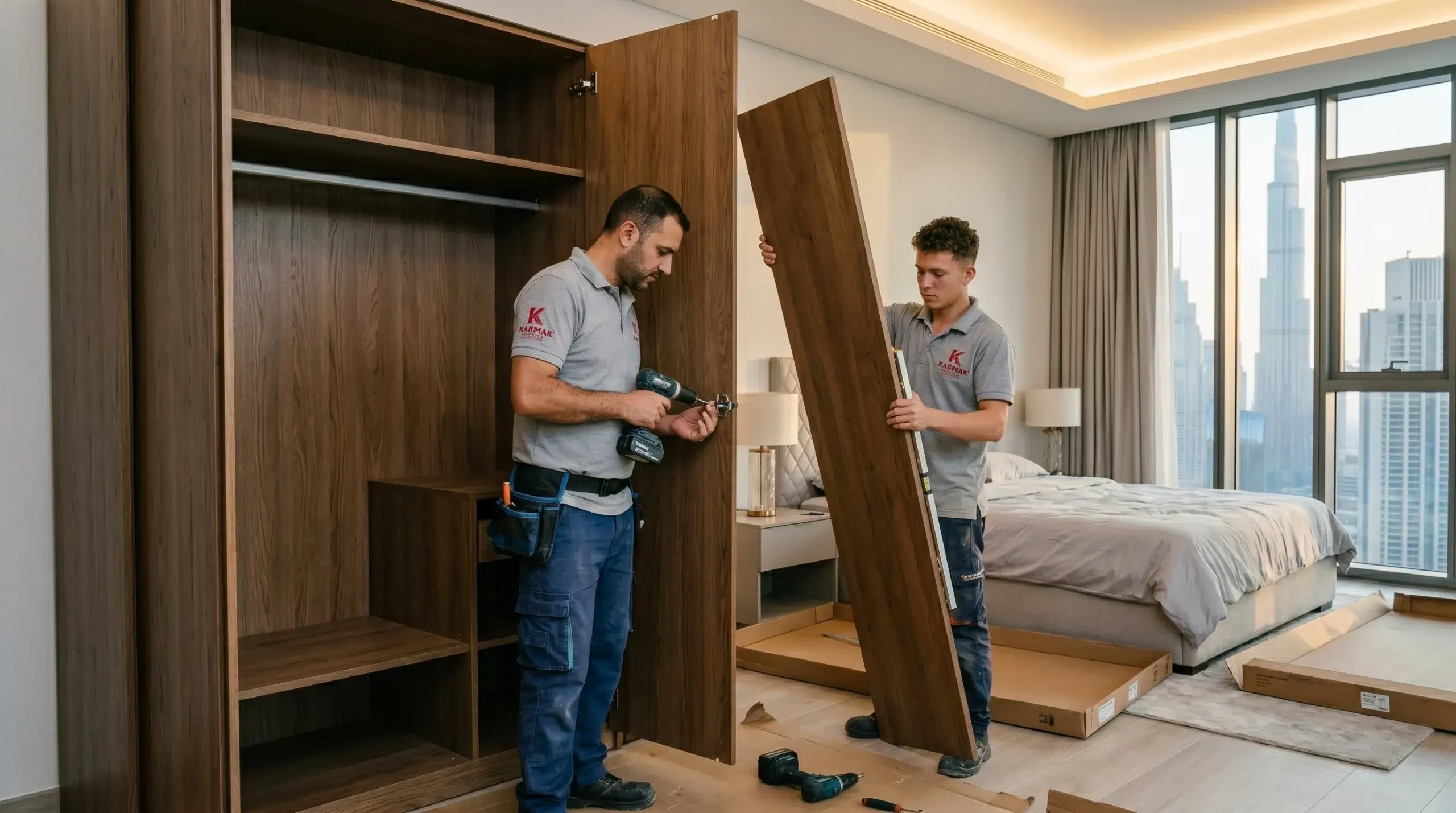 Professional assembly of a solid wood wardrobe.