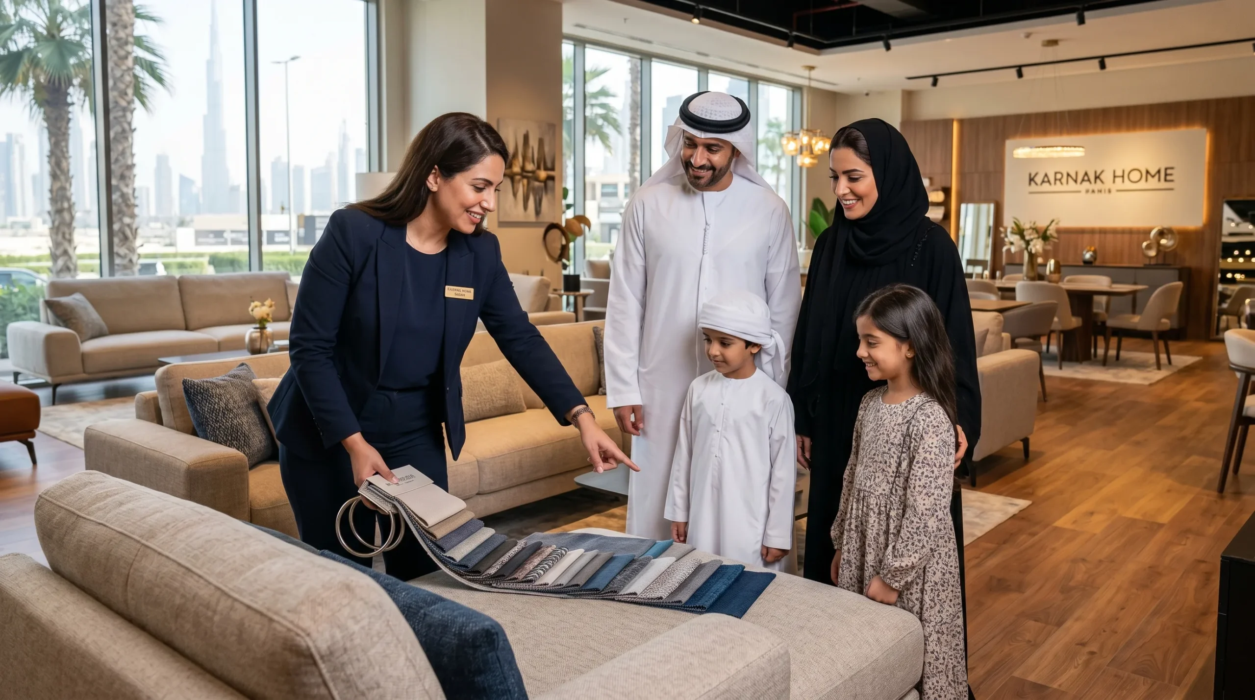 Karnak Home furniture expert helping Dubai family choose quality furniture in showroom