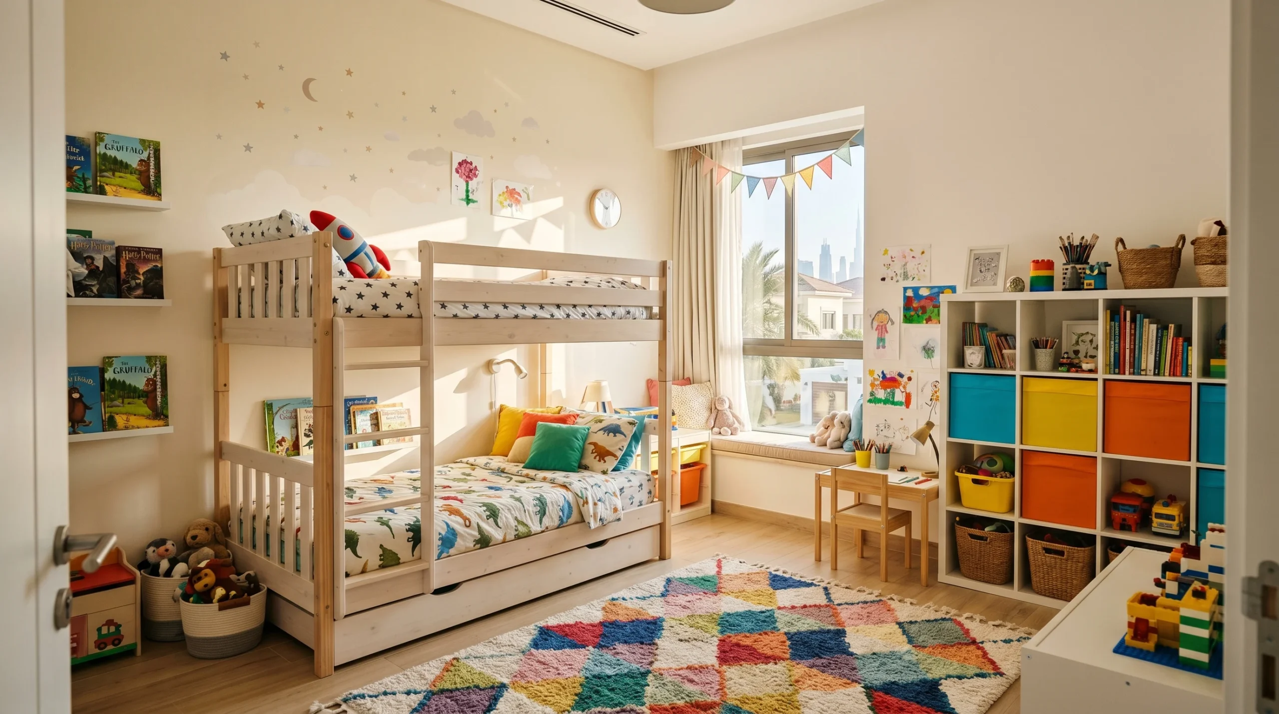 Safe and durable kids bedroom furniture in Dubai solid wood bunk beds with colourful storage in a UAE villa
