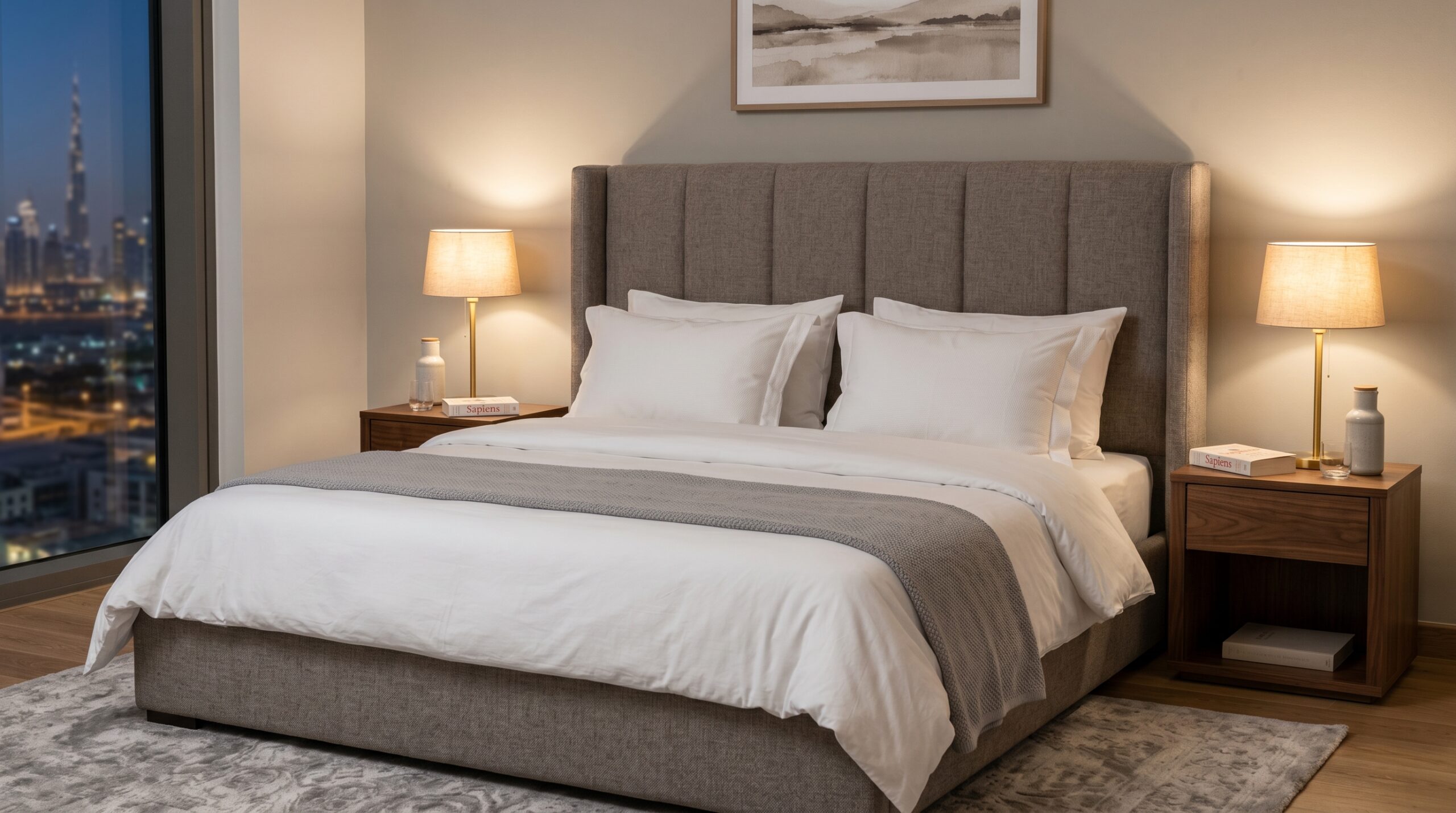 King size upholstered bed with fabric headboard in Dubai apartment master bedroom