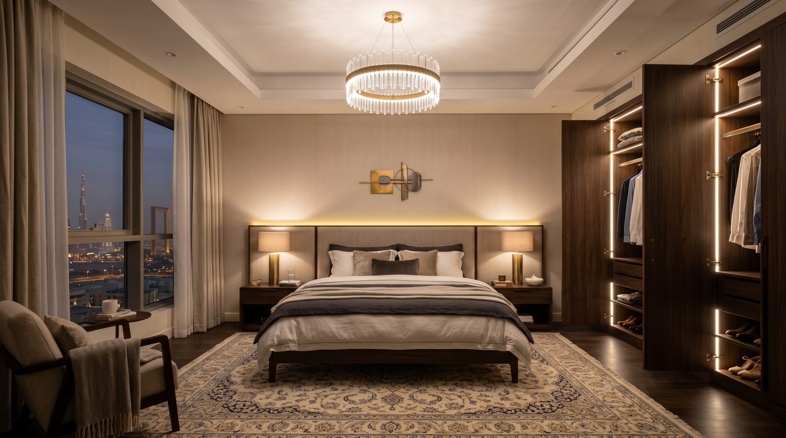 Layered lighting in Dubai master bedroom with rug and clear wall behind king bed