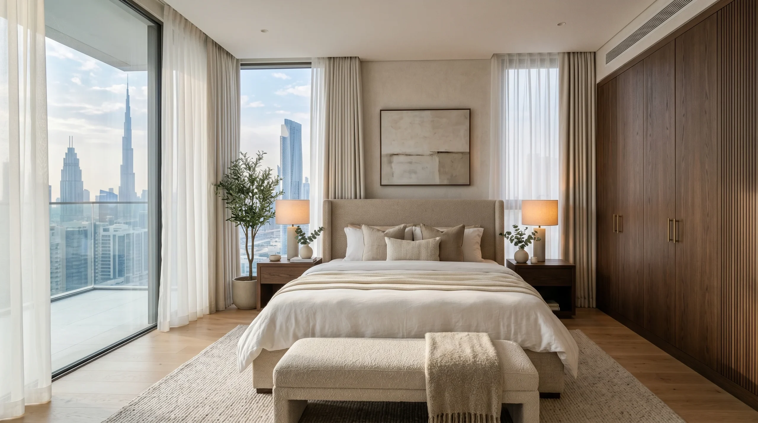 Master bedroom furniture Dubai villa with upholstered king bed and built-in wardrobe