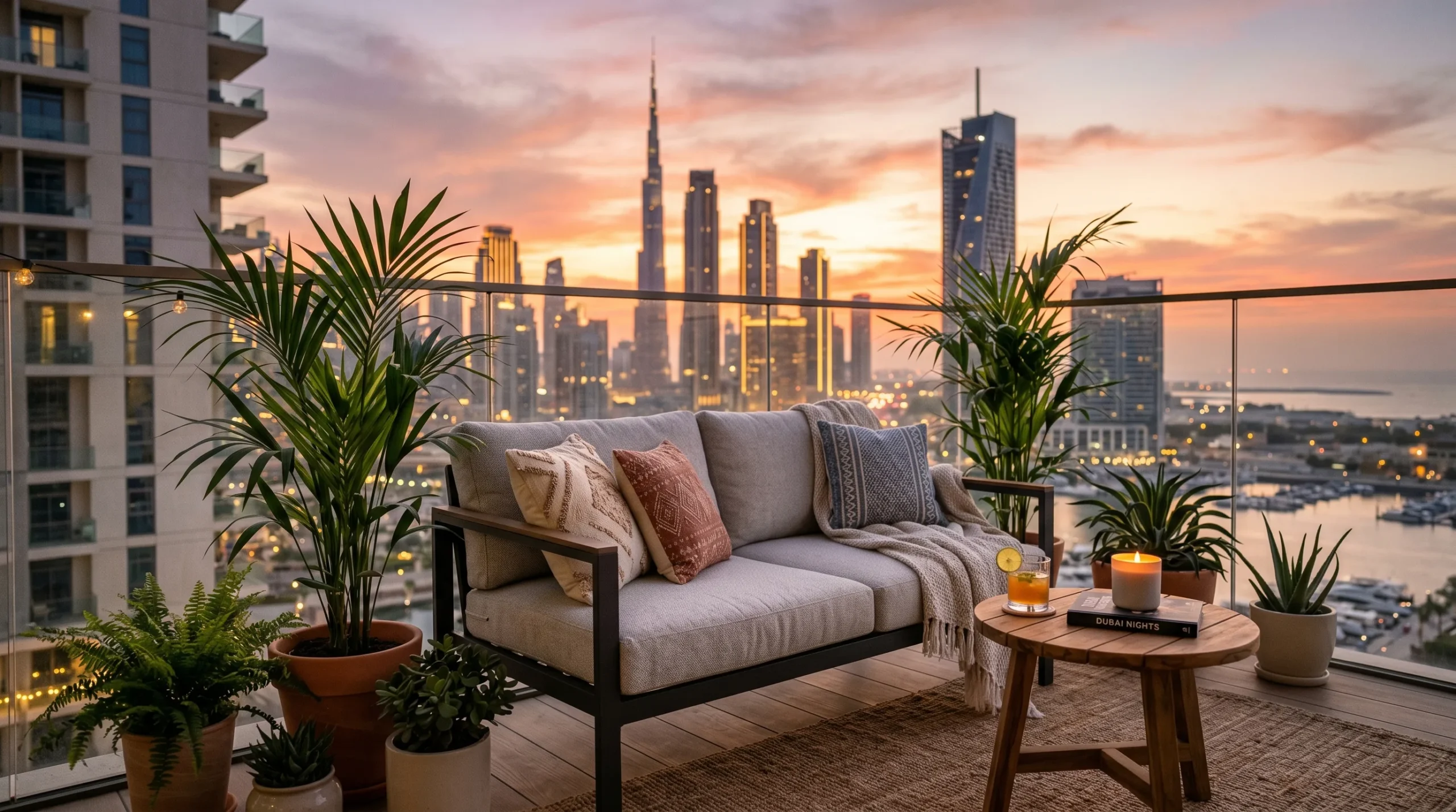 Outdoor furniture Dubai balcony with grey sofa set and teak table overlooking city skyline