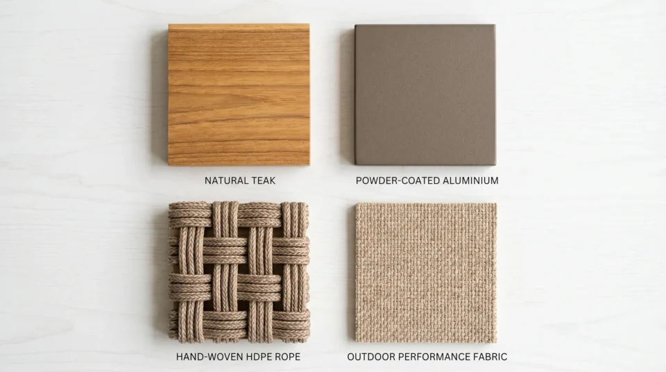 Outdoor furniture materials for UAE climate — teak, aluminium, rope weave and UV-resistant fabric