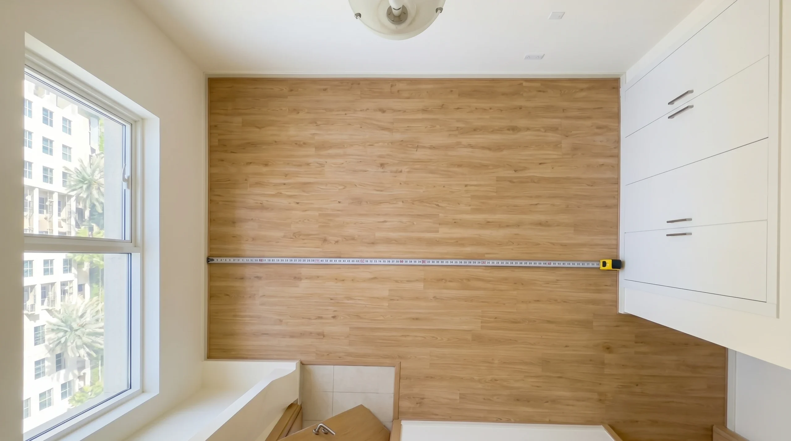 Preparing home for furniture delivery in Dubai — cleared room with measuring tape