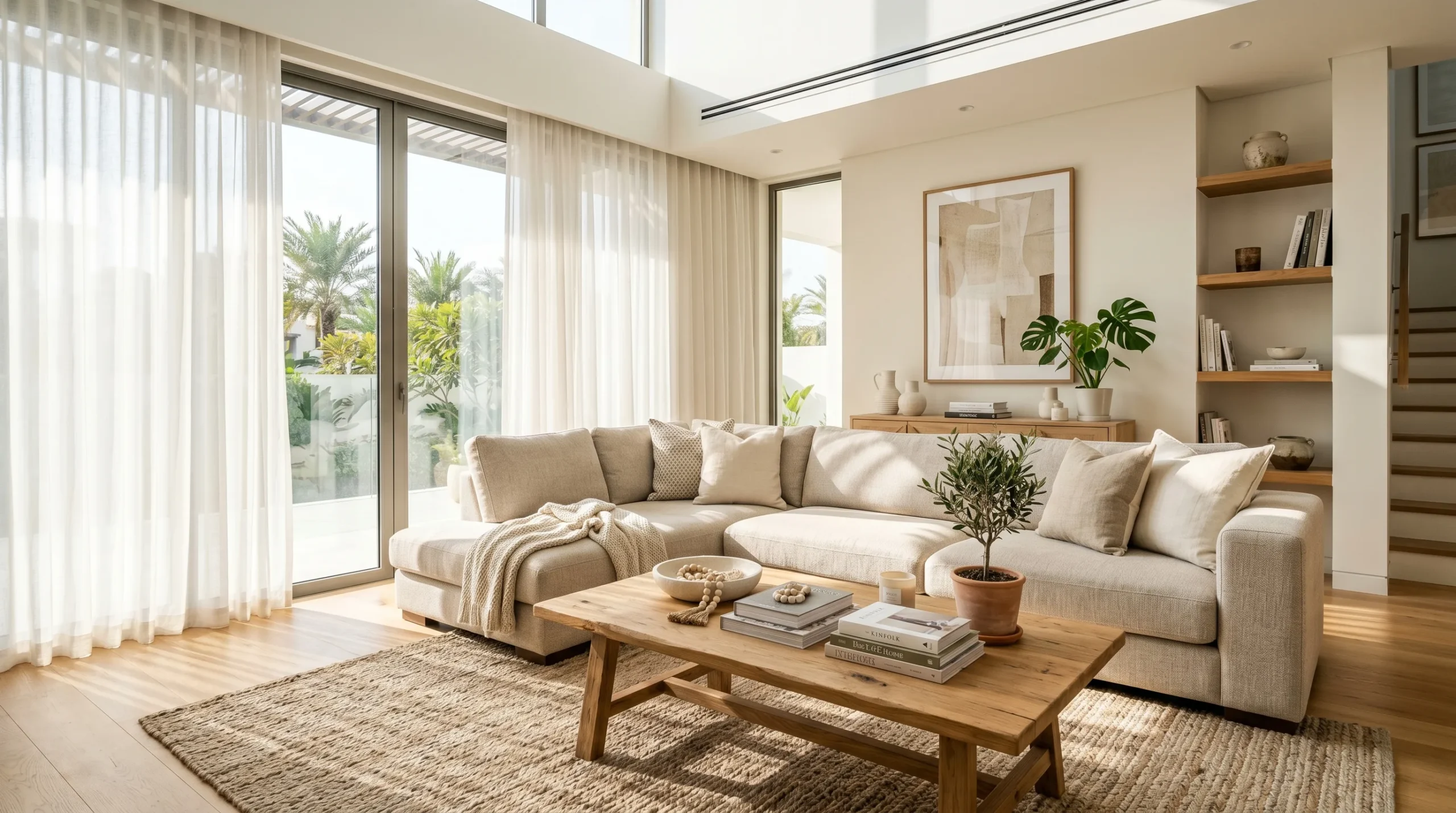 Seasonal furniture care UAE summer — light-filled Dubai living room with fabric sofa and wooden furniture