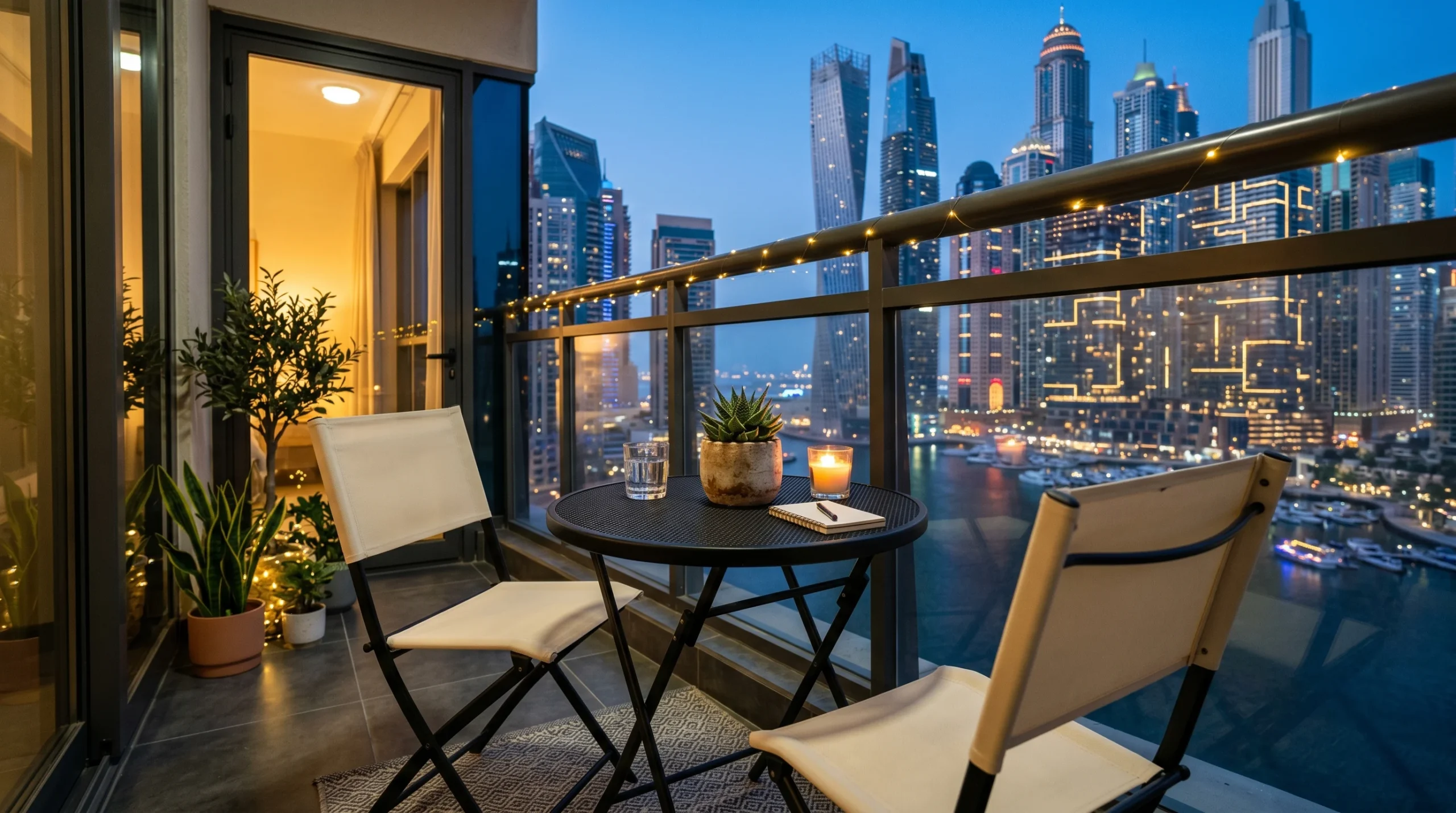 Small balcony furniture Dubai apartment with bistro table and folding chairs