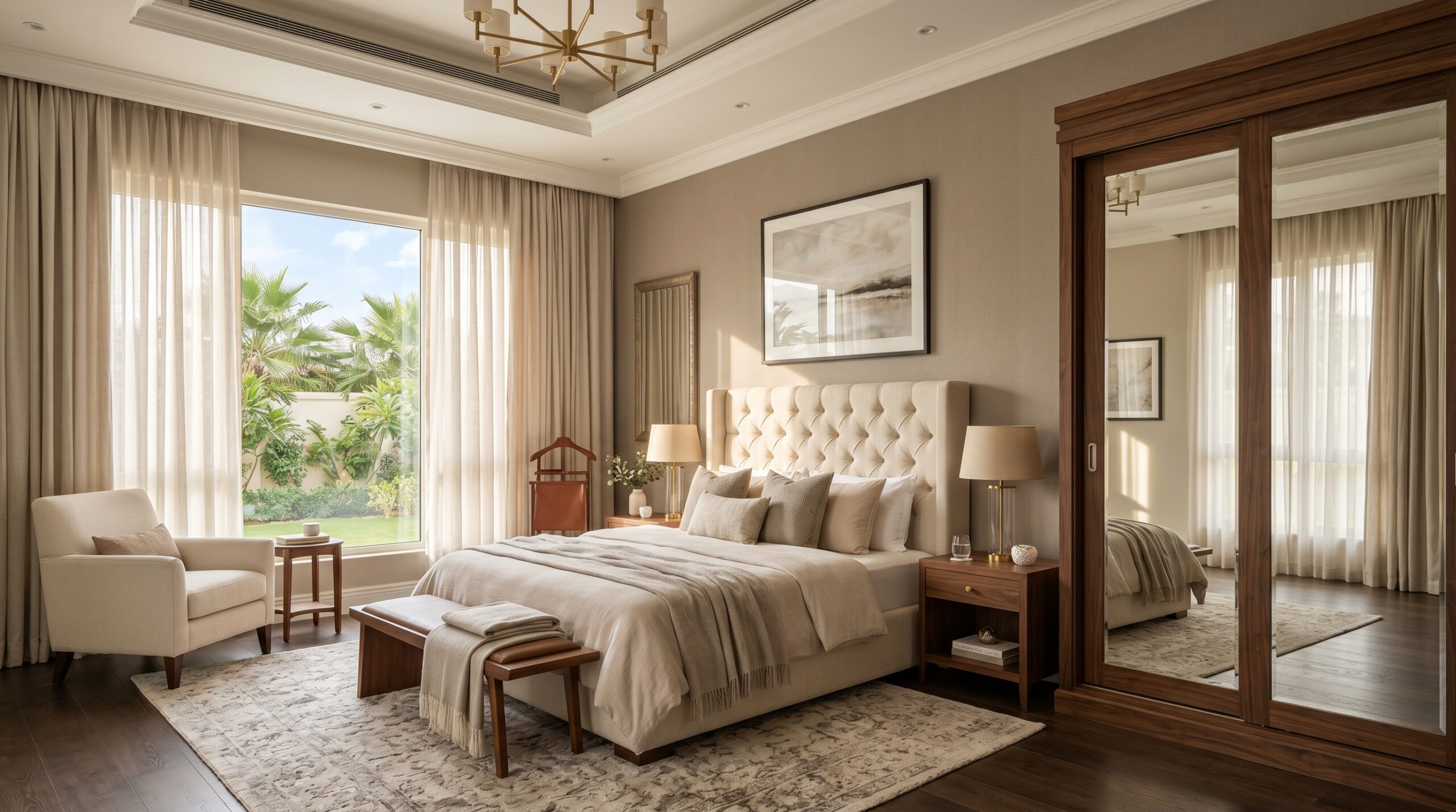 Transitional style master bedroom furniture in Dubai villa with walnut wardrobe and upholstered bed