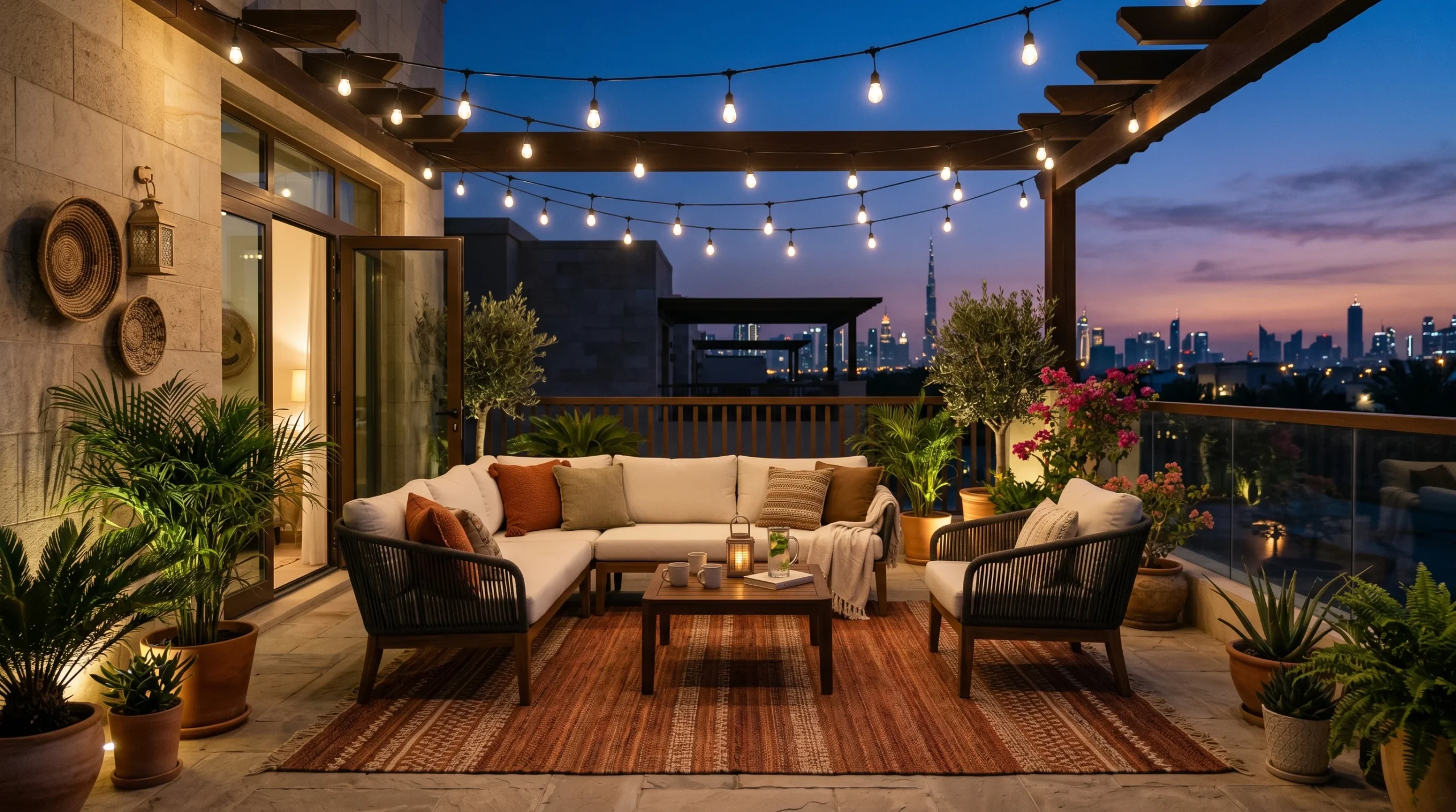 Villa outdoor terrace evening setup with string lights and rope weave lounge set UAE