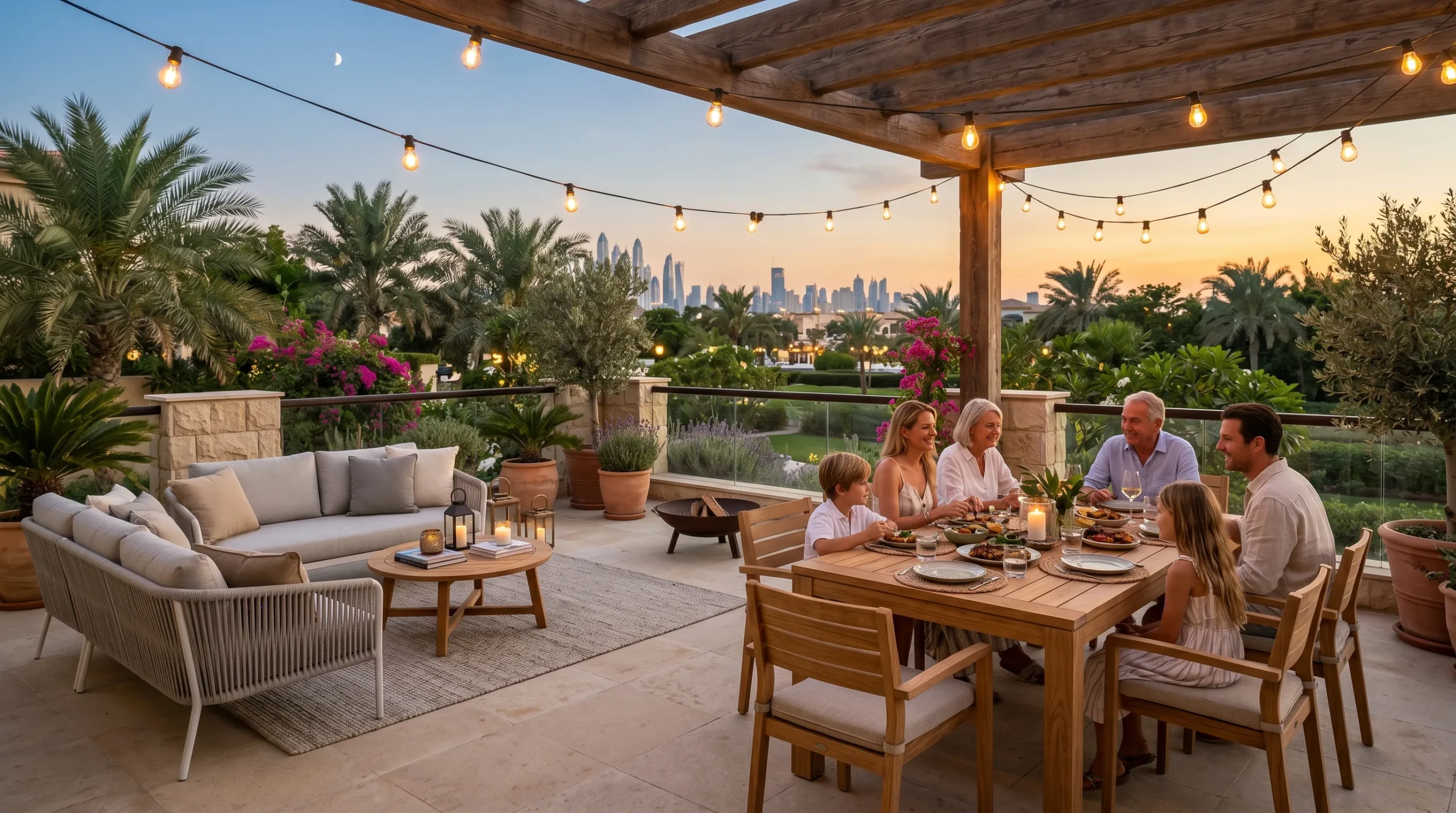 Villa terrace outdoor furniture Dubai with separate dining and lounge zones