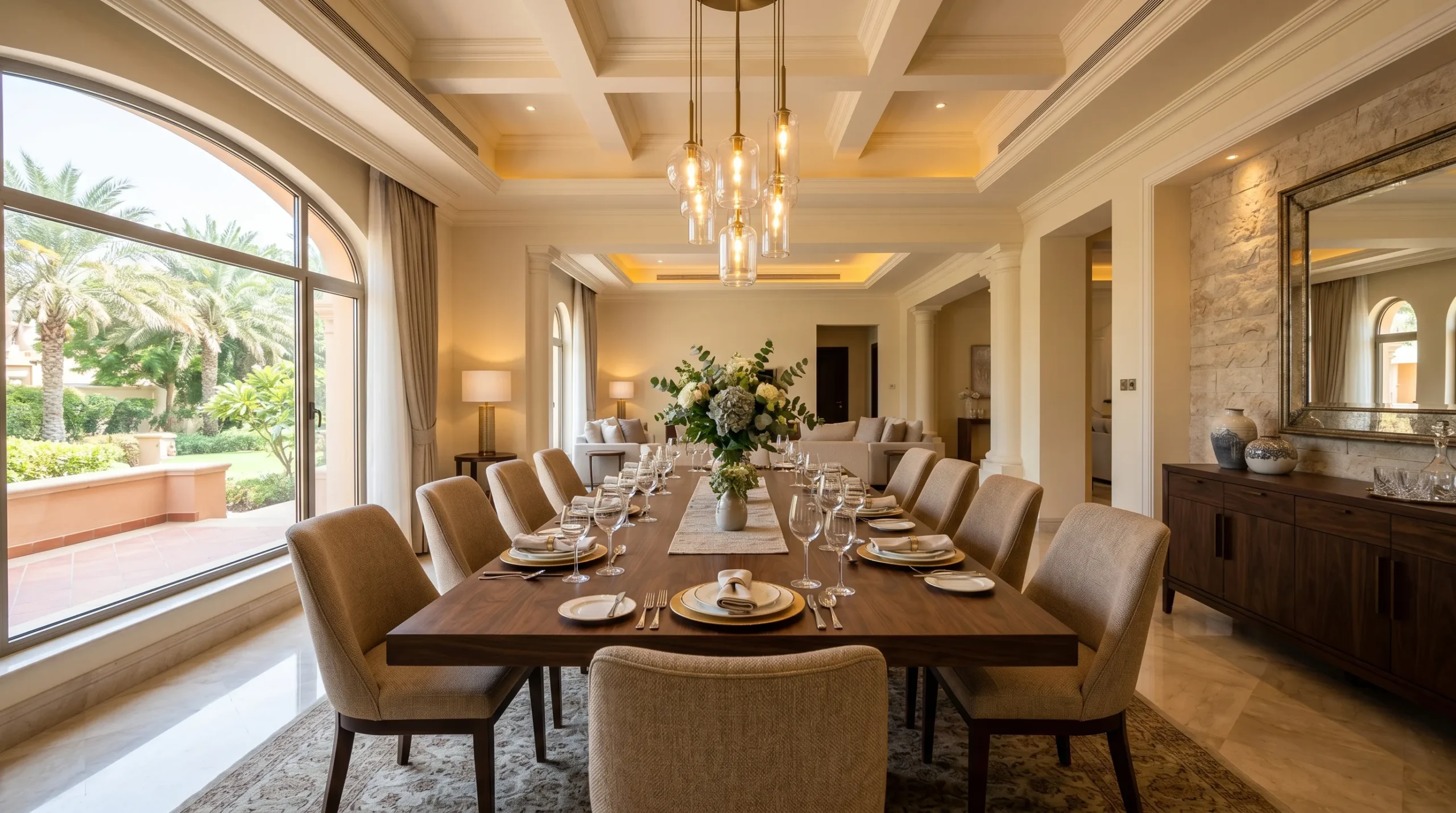 Large 10-seater solid wood dining table in a luxury UAE villa dining room