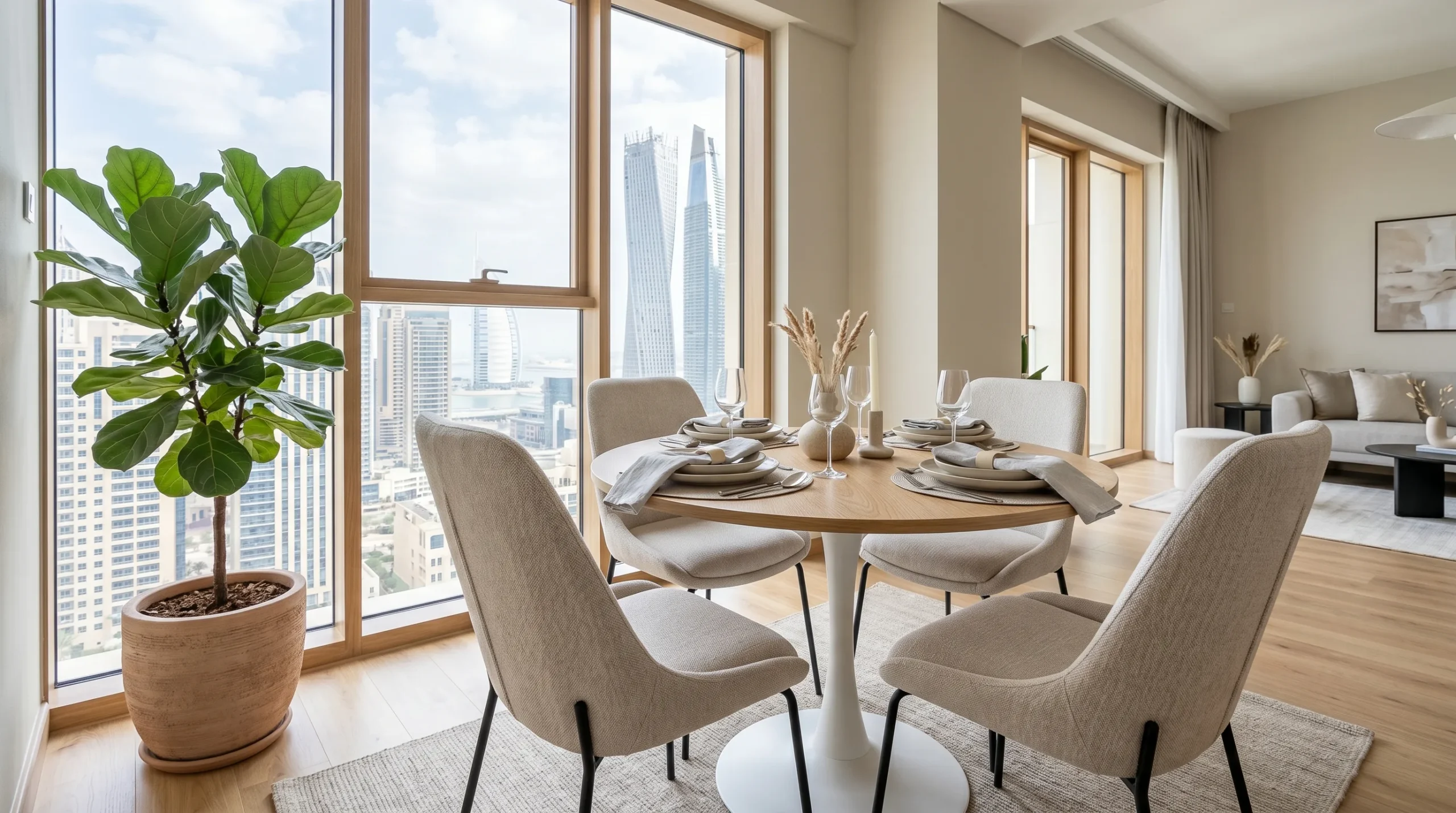 4-seater round dining table in a modern Dubai apartment dining area