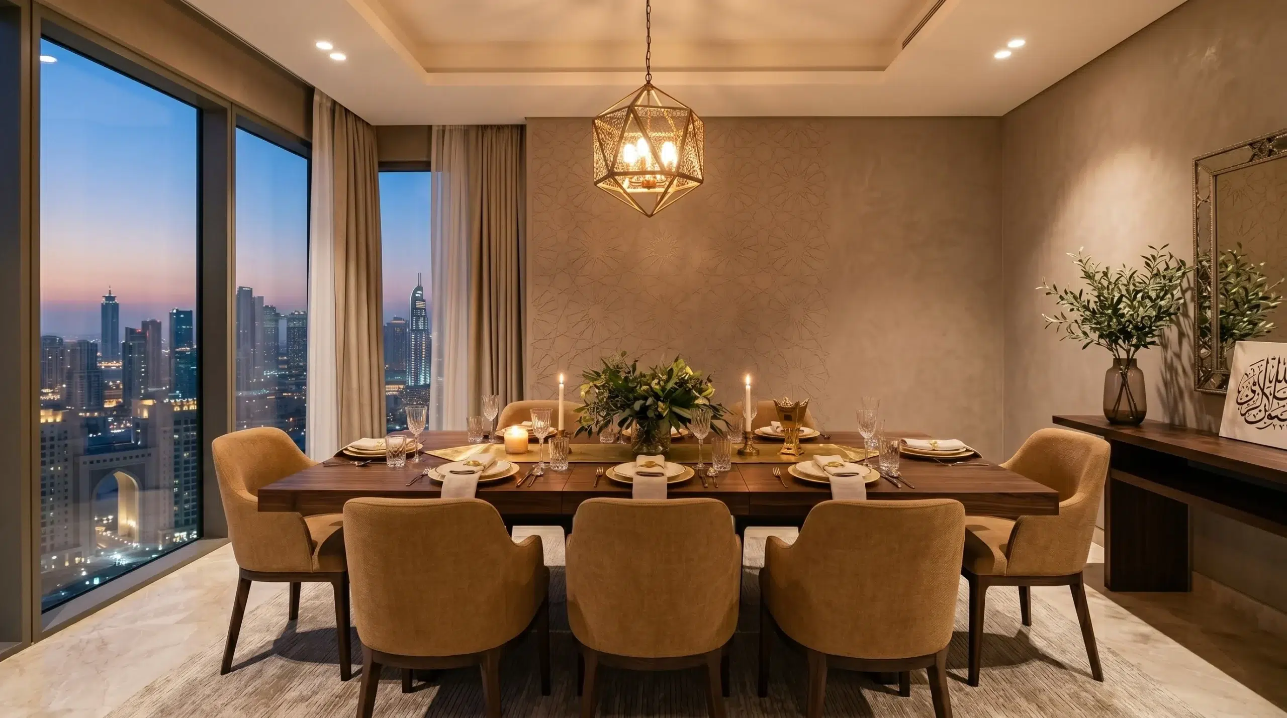 Arabic dining room design Dubai home — solid wood dining table with contemporary Arabic styling