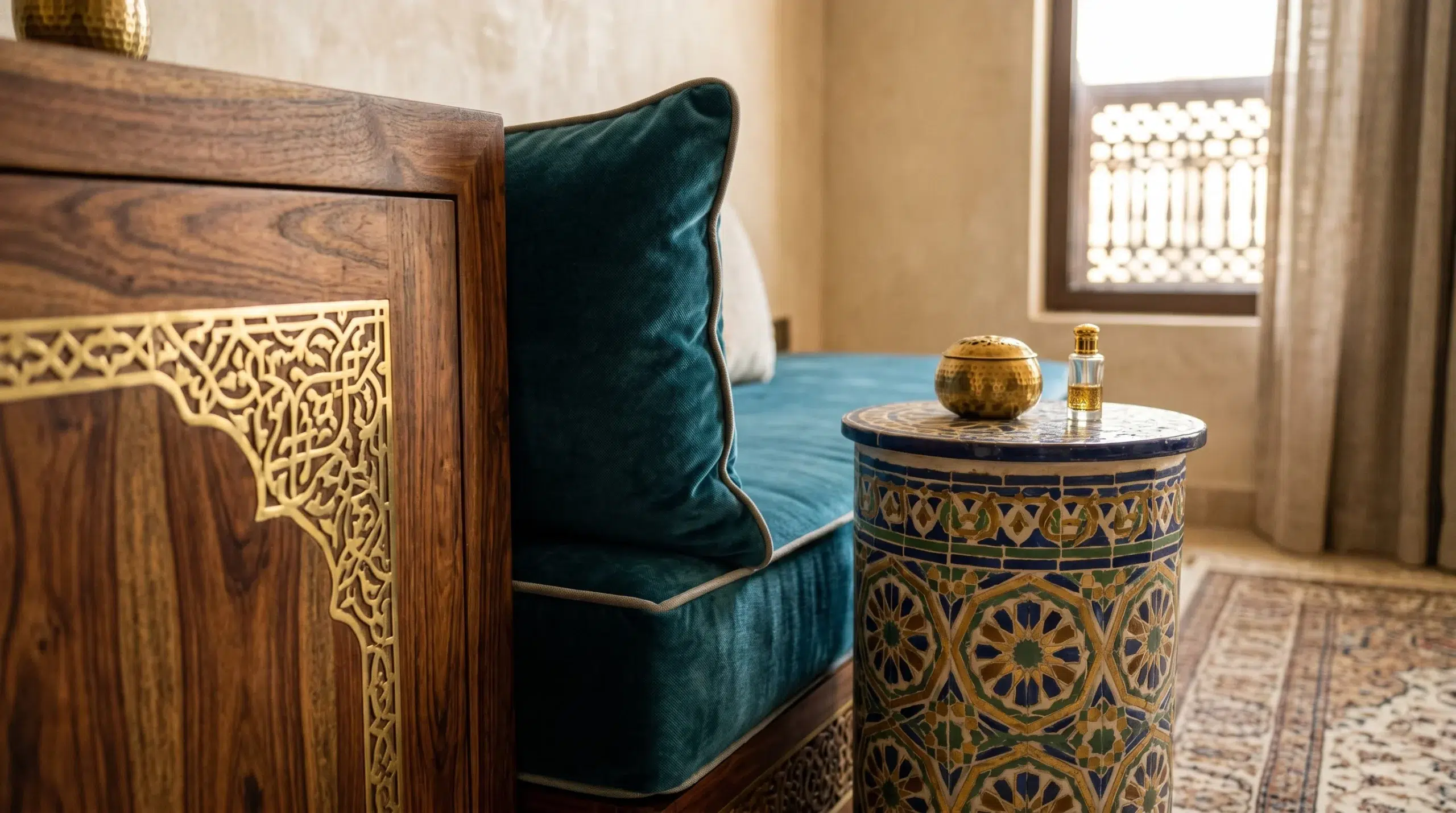 Arabic furniture materials UAE — sheesham wood, brass hardware, and performance velvet for traditional contemporary desig