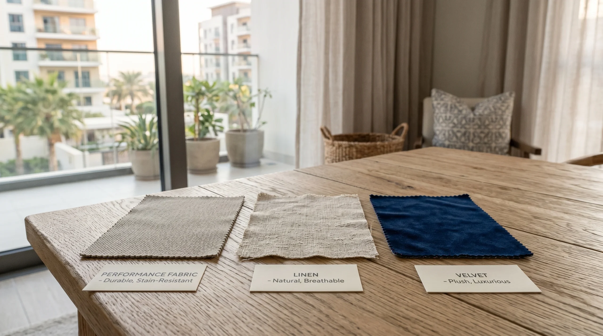 Comparison of sofa upholstery materials suitable for UAE climate including performance fabric and linen