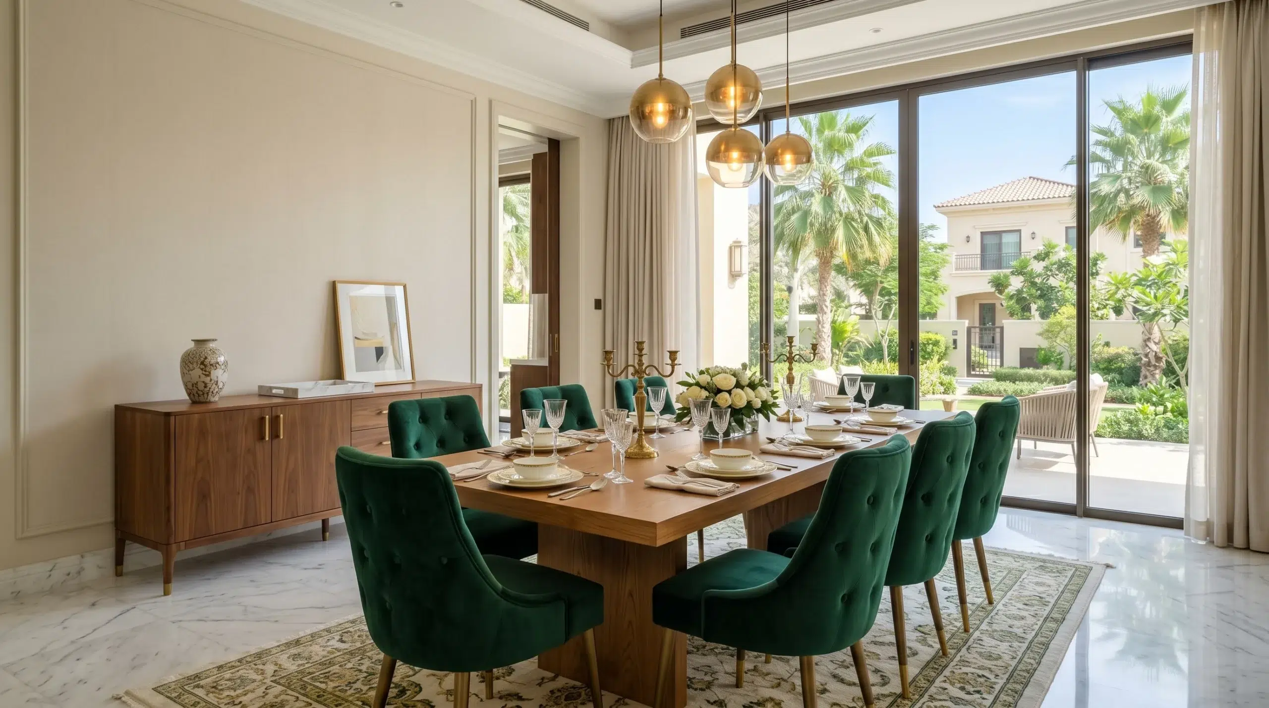 Bold emerald green dining chairs in UAE dining room, furniture color guide for Dubai homes