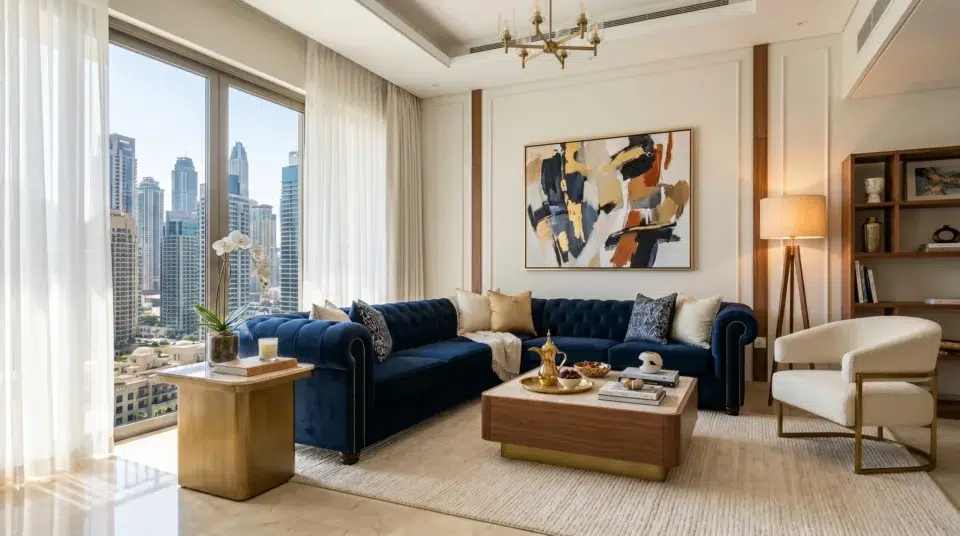 Bold navy velvet sofa in UAE living room interior, furniture color guide