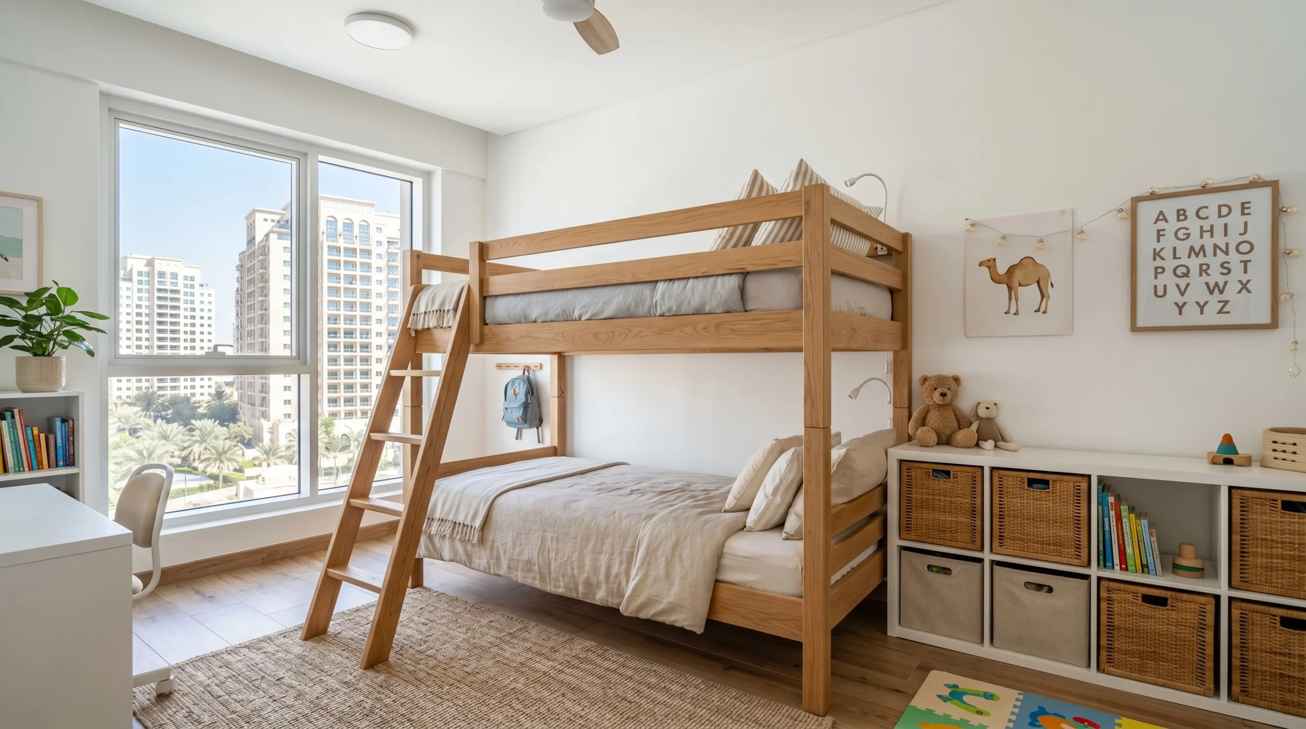 Bunk bed with safety rails for kids room in Dubai apartment
