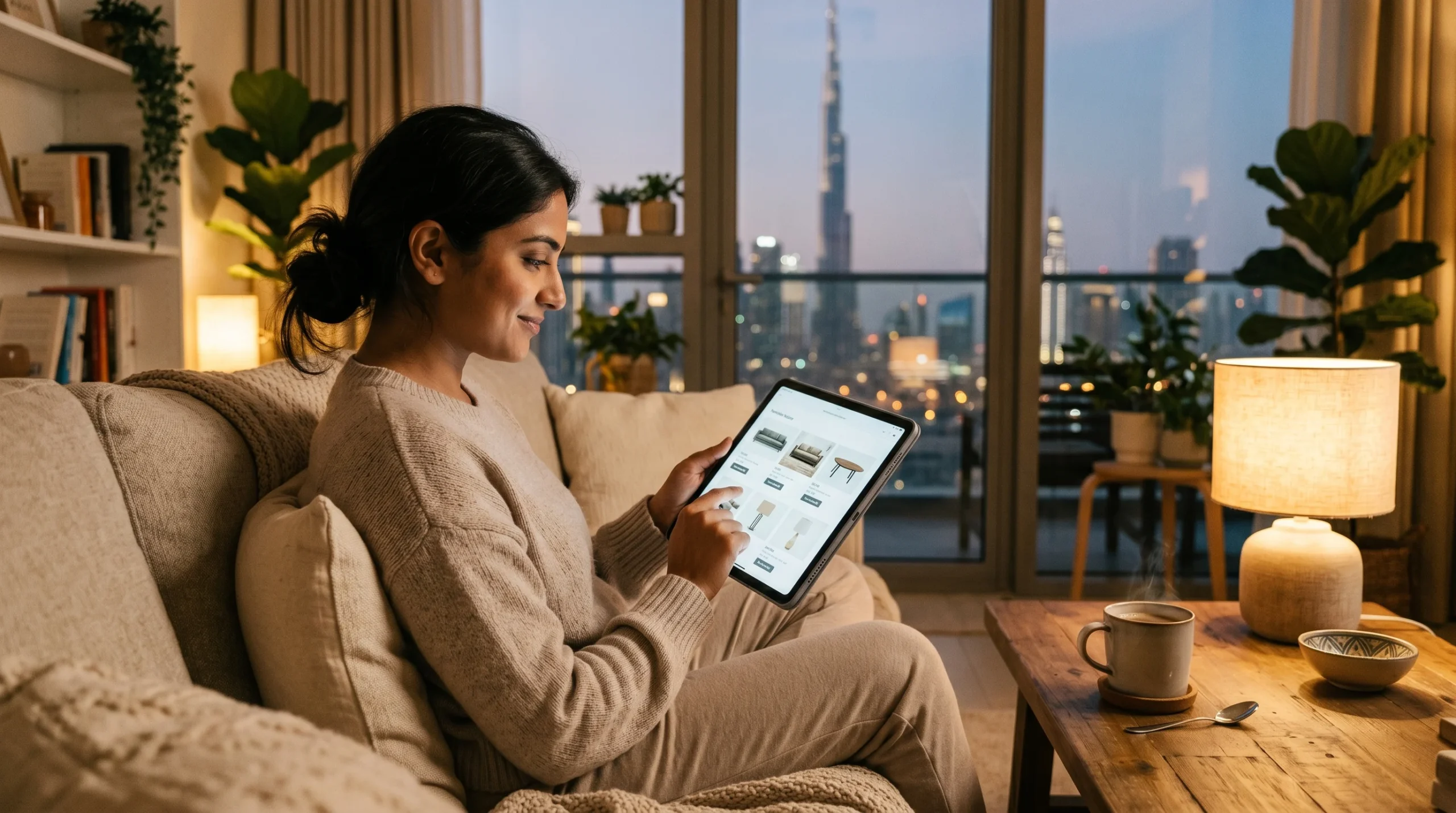 Person browsing furniture online in Dubai apartment on tablet