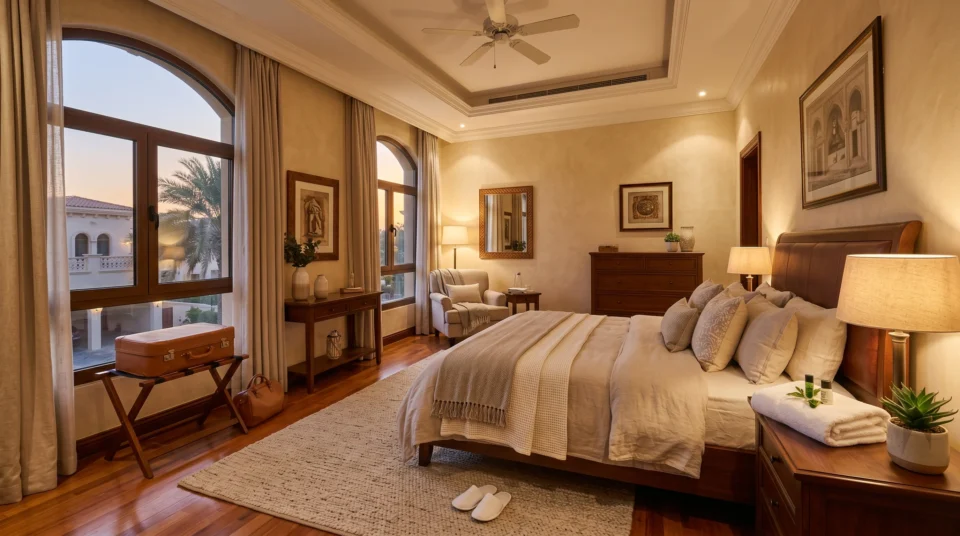 Fully furnished UAE villa guest room with king bed, matching wooden furniture, bedside lamps, and luggage rack complete guest room setup by Karnak Home