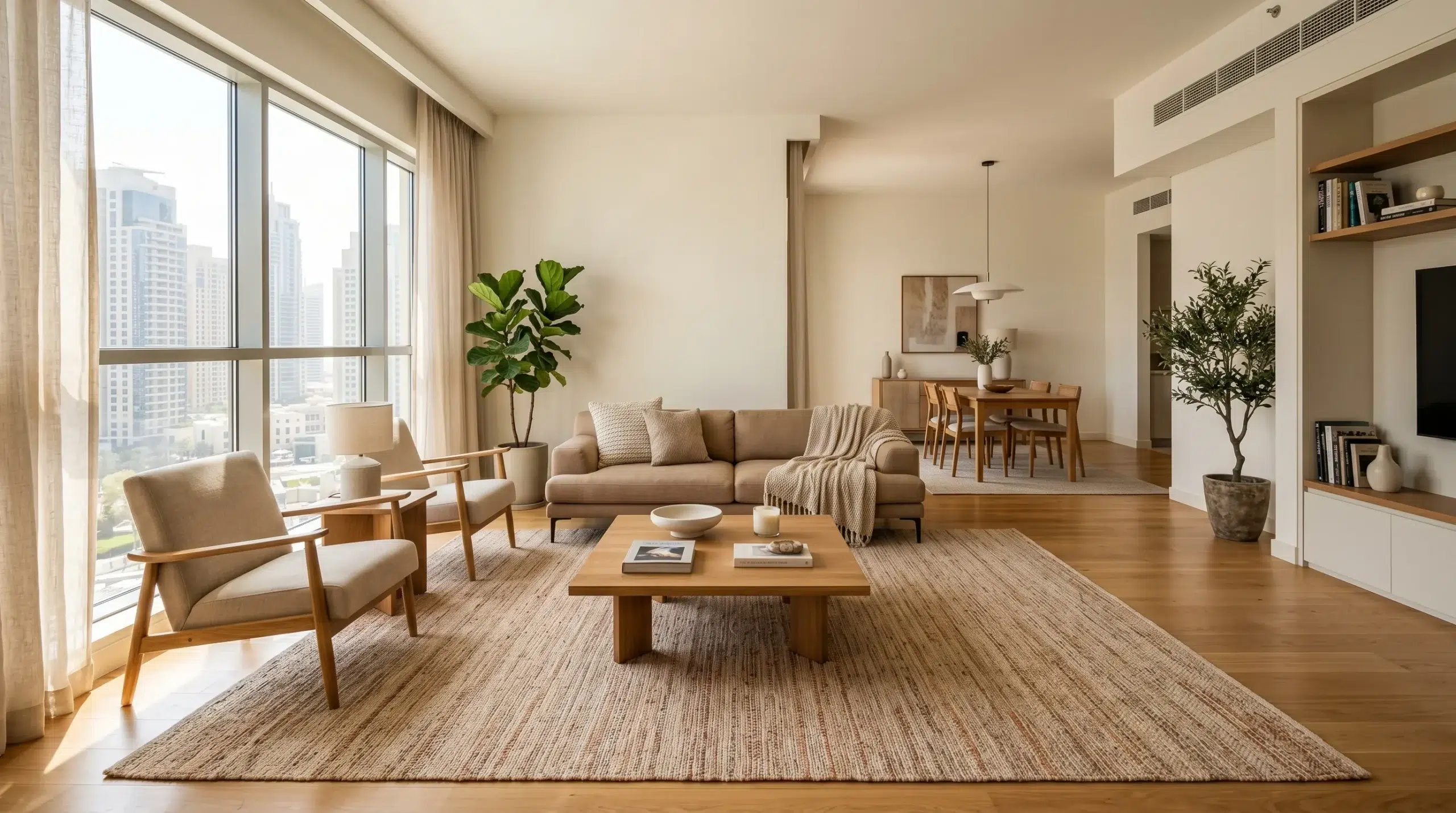 Correct furniture arrangement in a UAE apartment living room — sofa pulled from wall, area rug, clear traffic flow to dining area