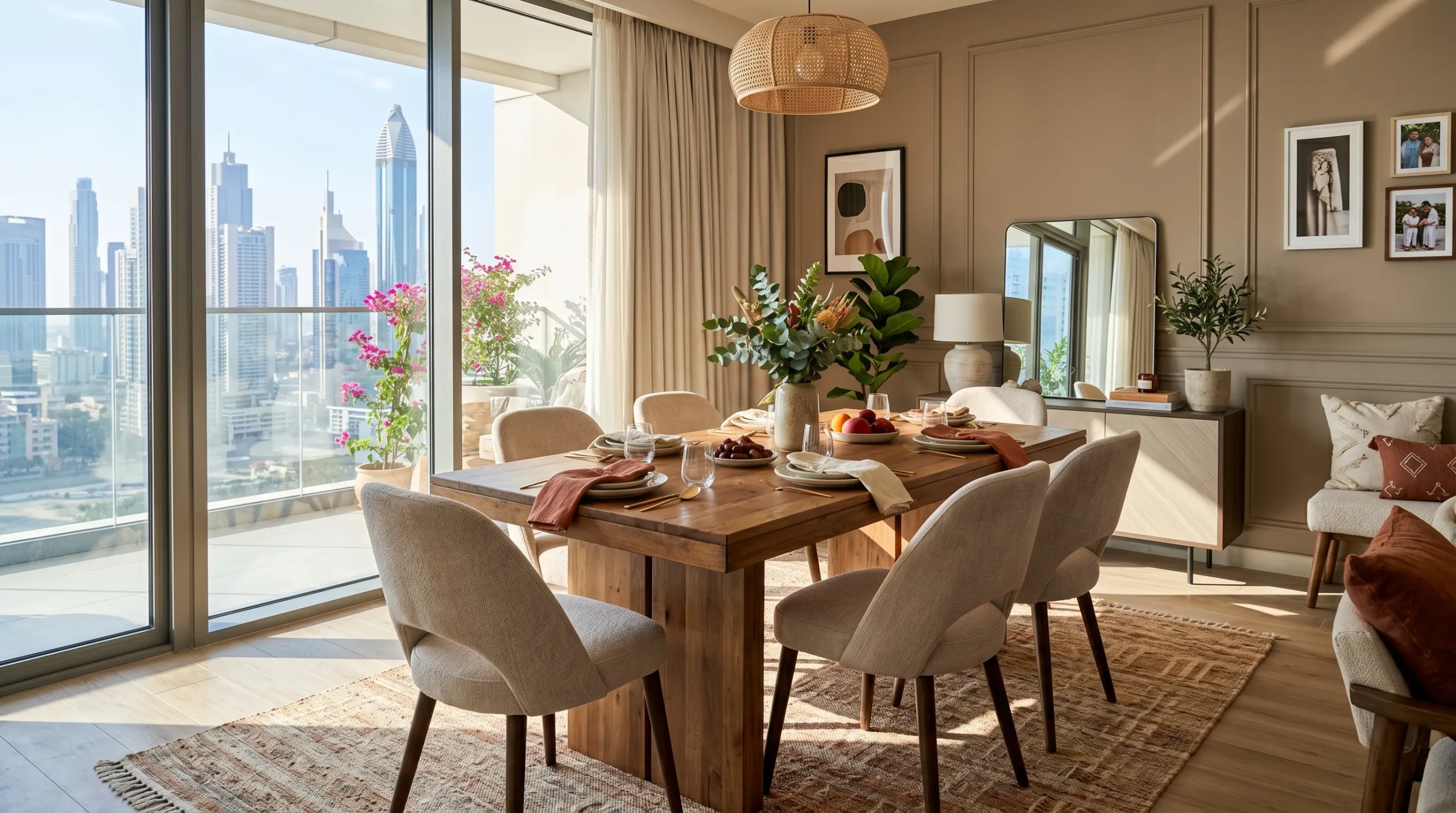 dining room furniture lighting UAE apartment wood table and chairs in natural light Dubai home
