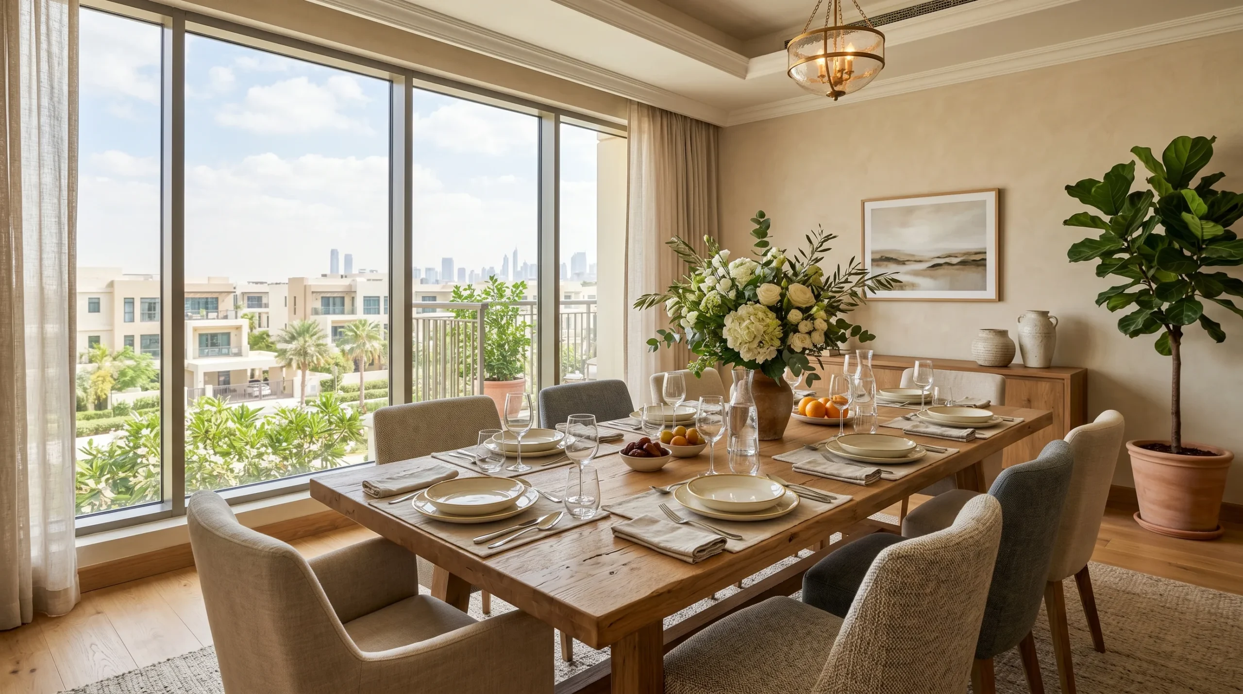 Dining table size guide for UAE families showing a large rectangular table in a Dubai villa dining room