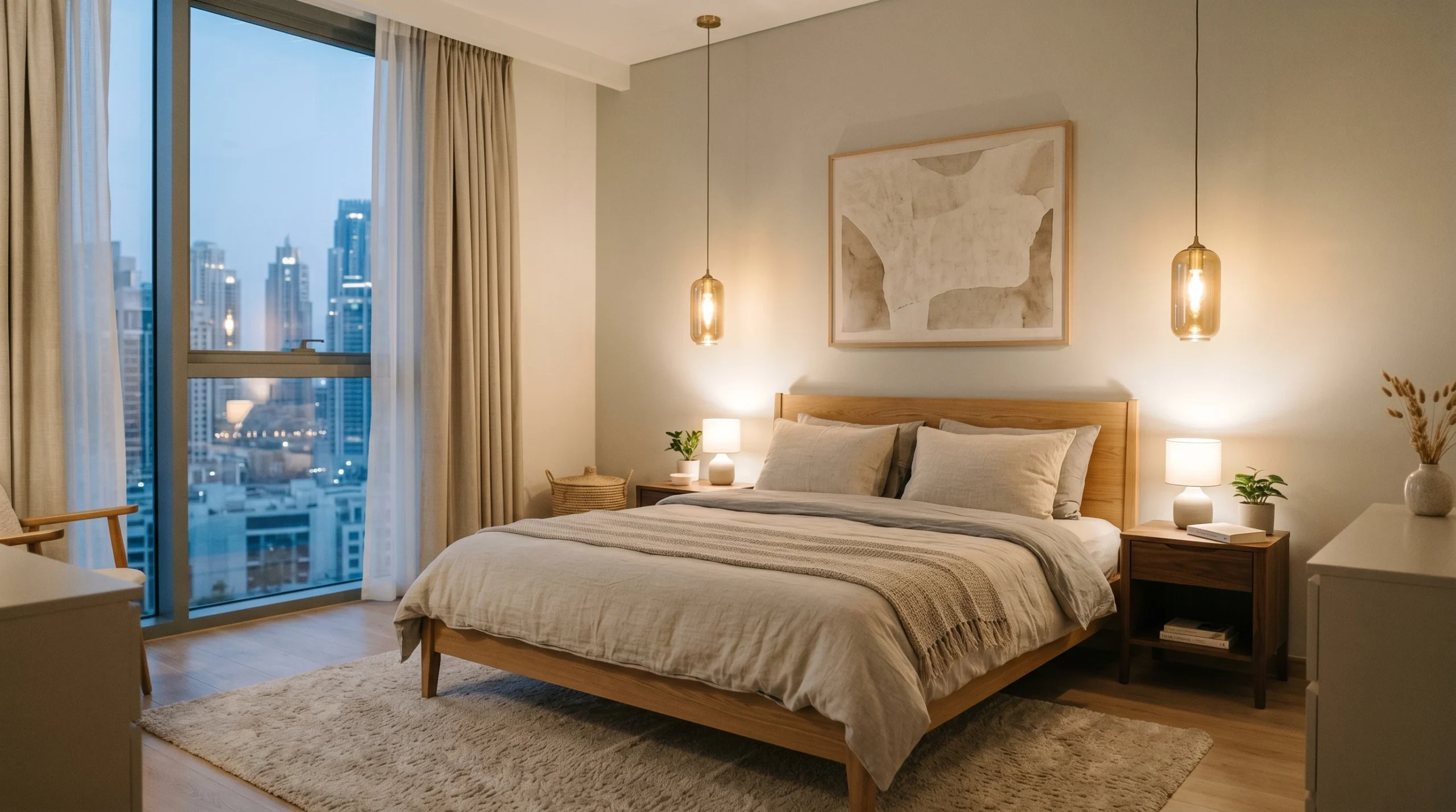 Dubai apartment bedroom furniture – wooden bed frame with matching bedside tables and warm lighting
