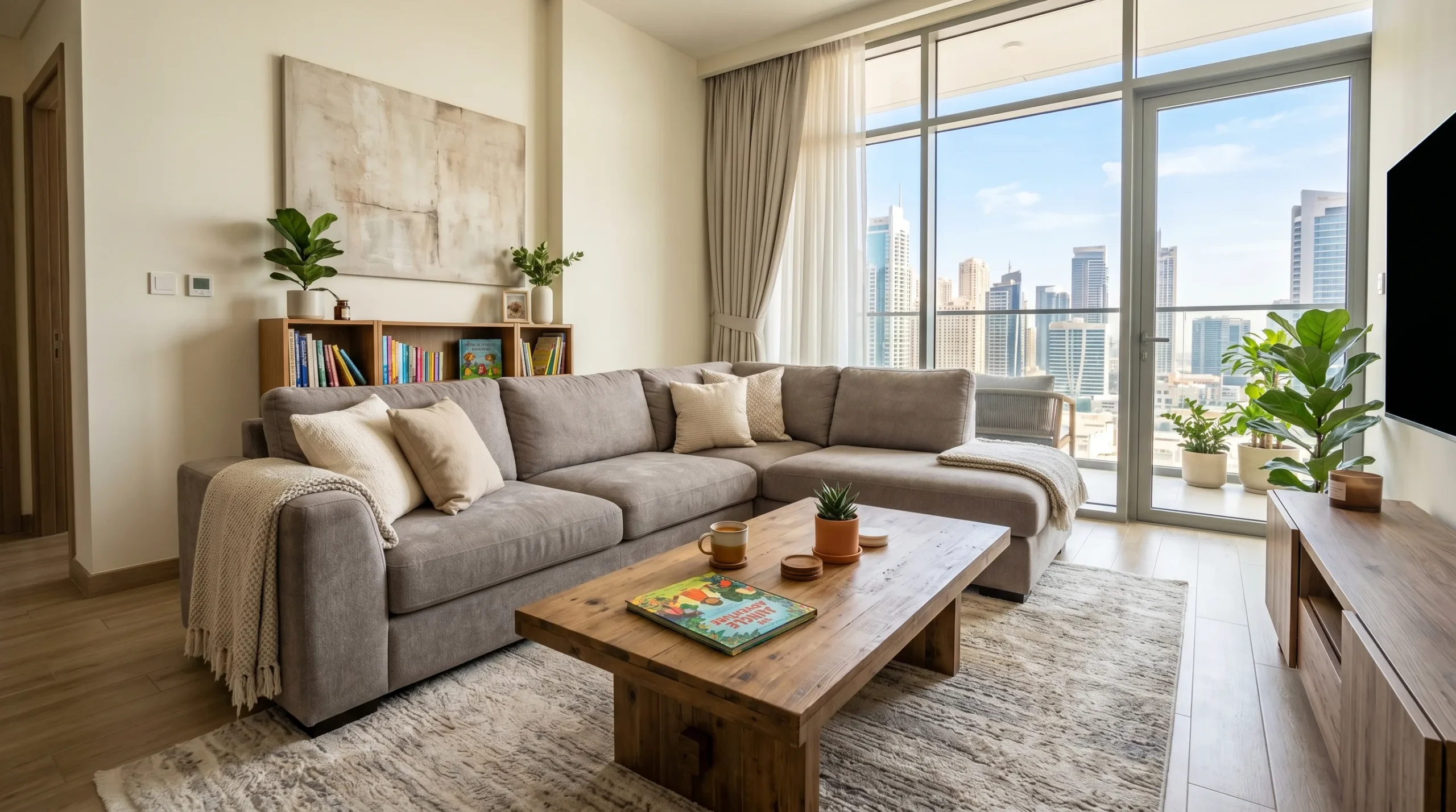 Family living room sofa setup in Dubai apartment – L-shaped grey sofa with wooden coffee table