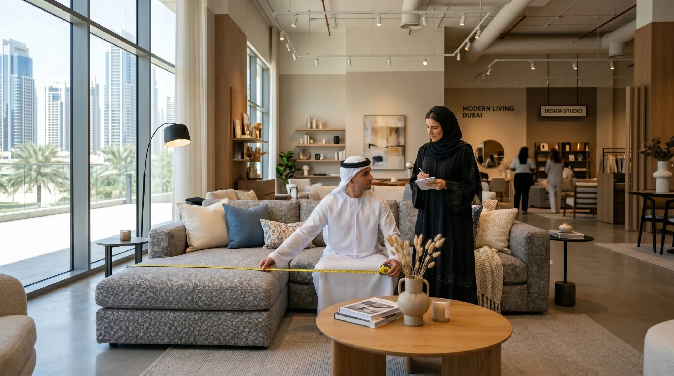 Couple measuring sectional sofa in Dubai furniture showroom