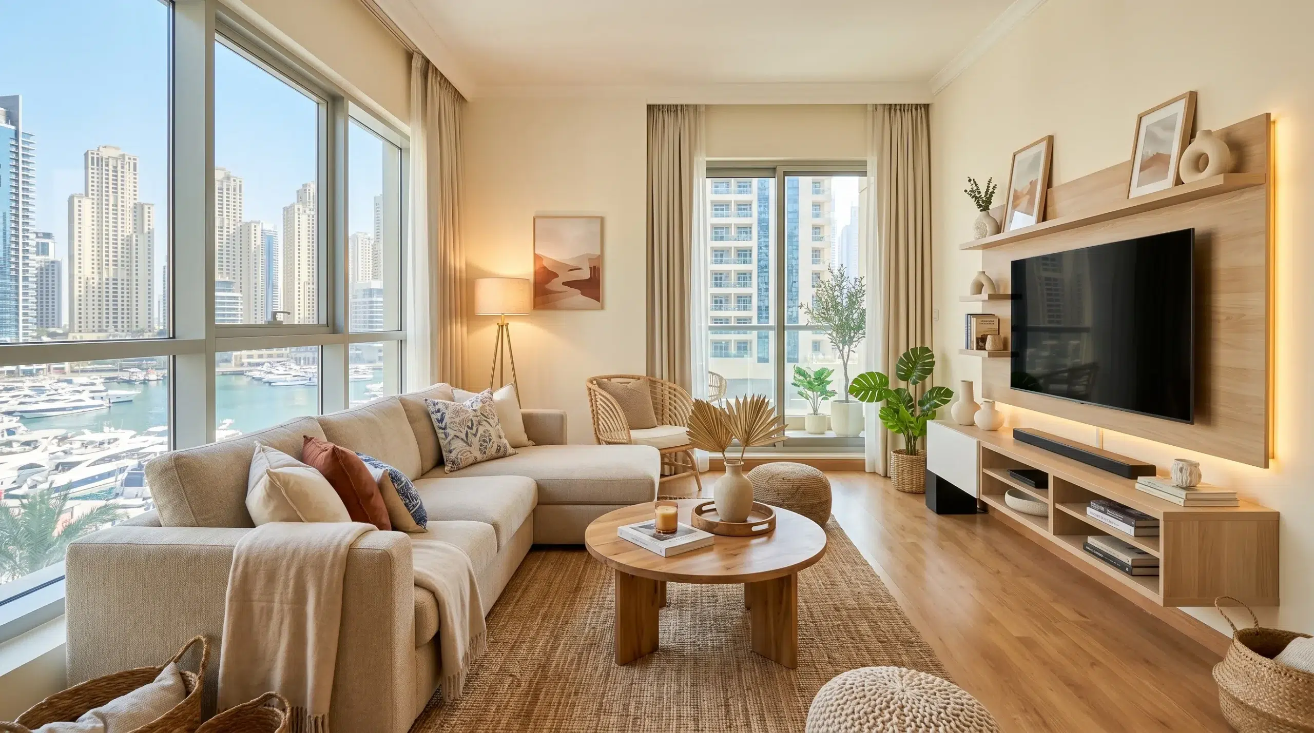 Dubai Marina apartment living room makeover with Karnak Home L-shaped sofa in sand fabric and round wood coffee table