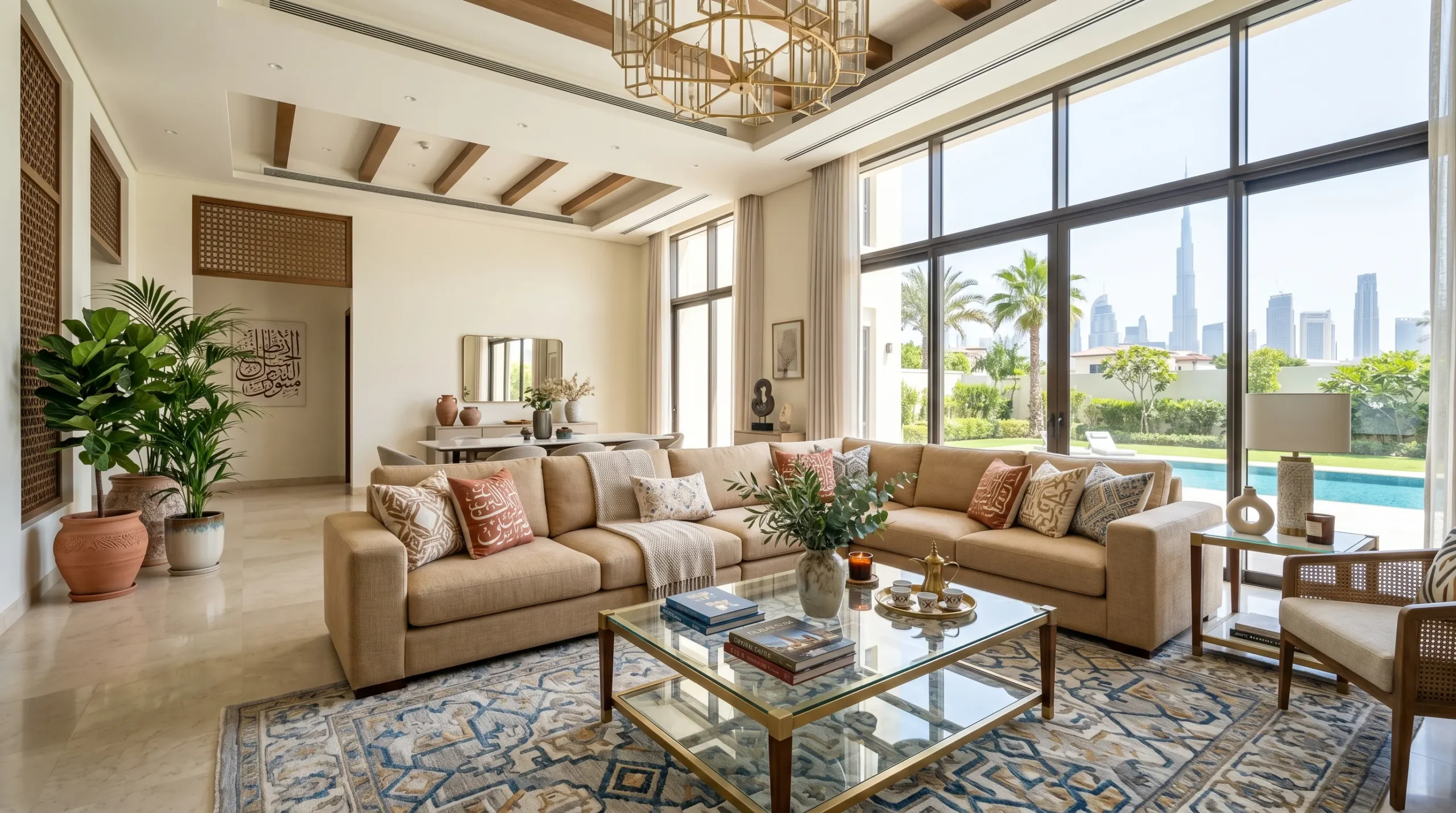 Large L-shaped sofa in Dubai villa living room villa furniture planning guide