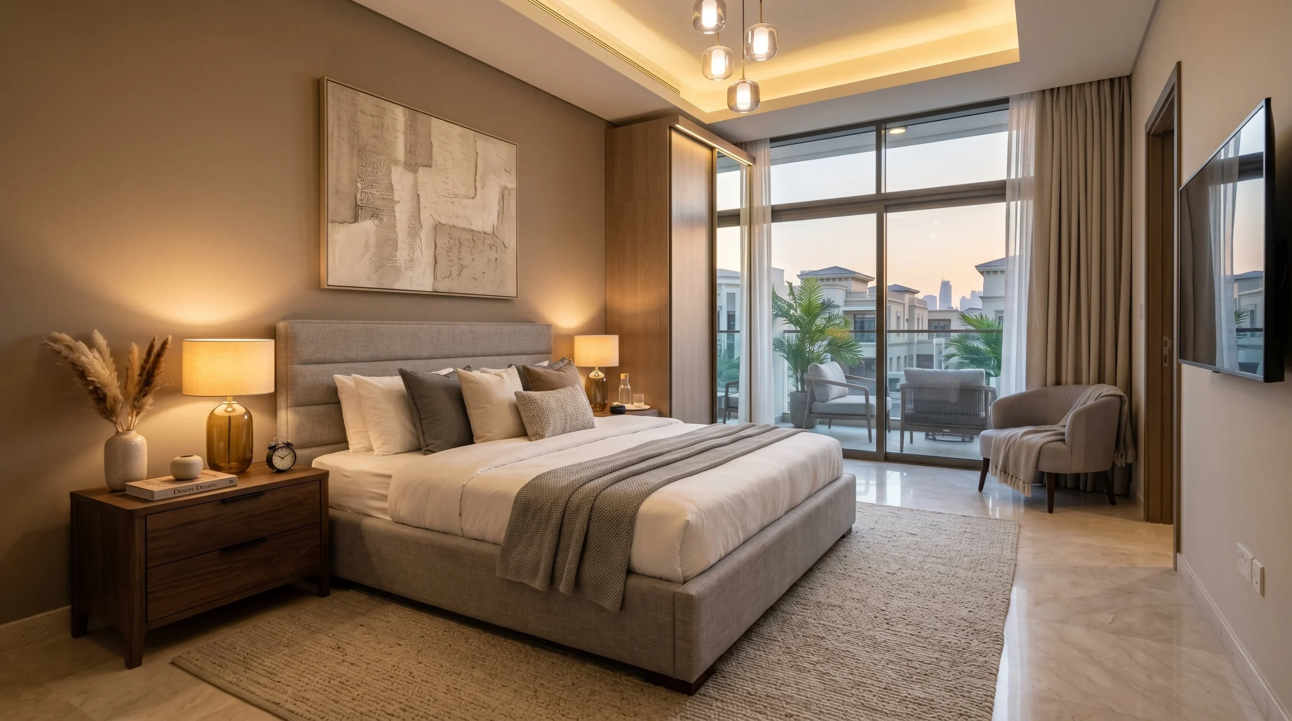 Master bedroom furniture planning for Dubai villa king bed and fitted wardrobe