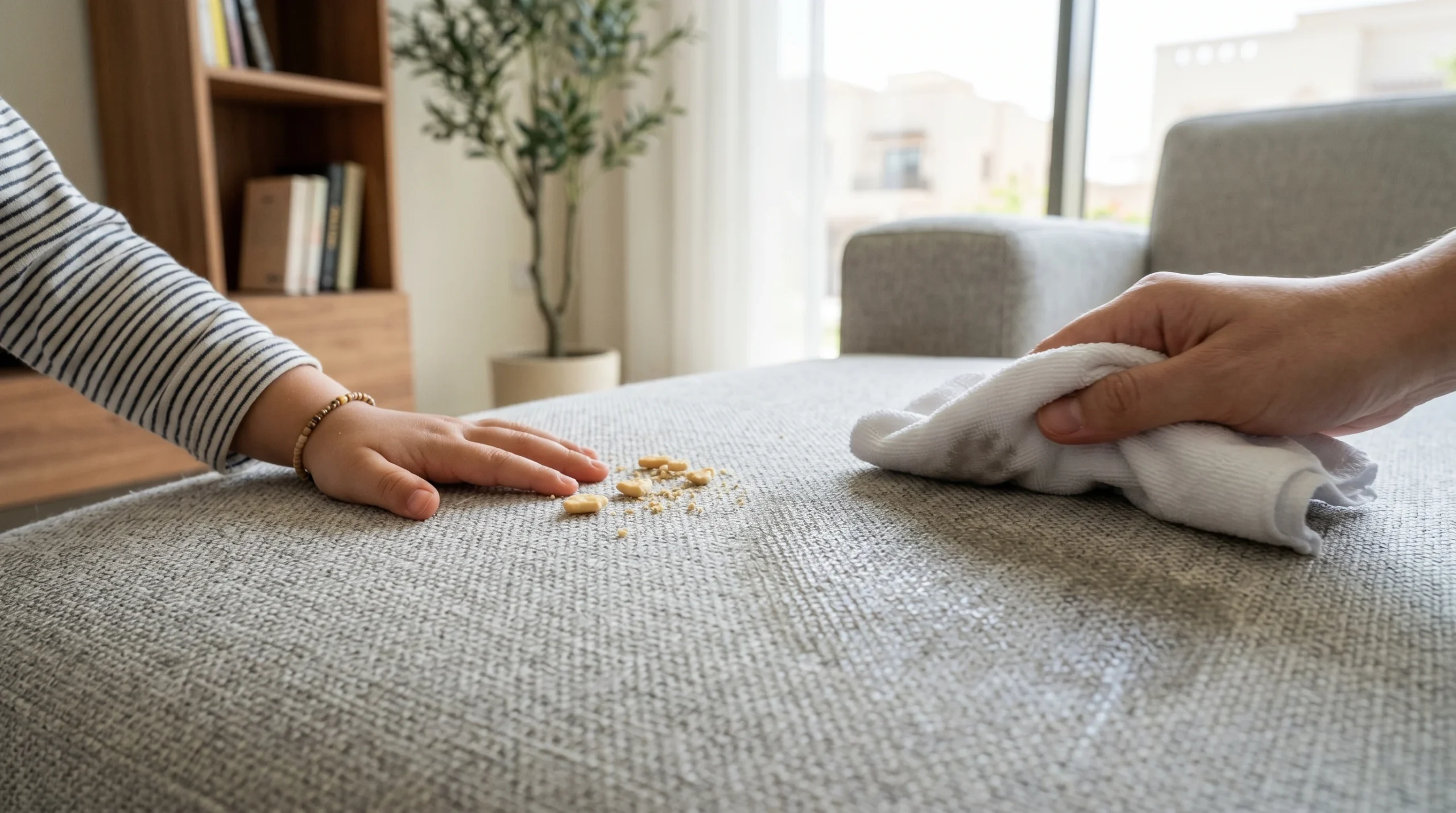 Easy-to-clean sofa UAE — performance fabric sofa being wiped clean in a Dubai family home