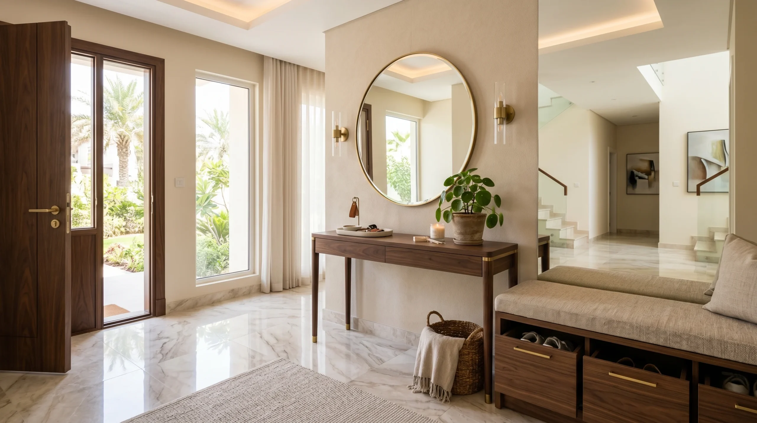 Entryway furniture in UAE home console table, bench, and mirror styling by Karnak Home