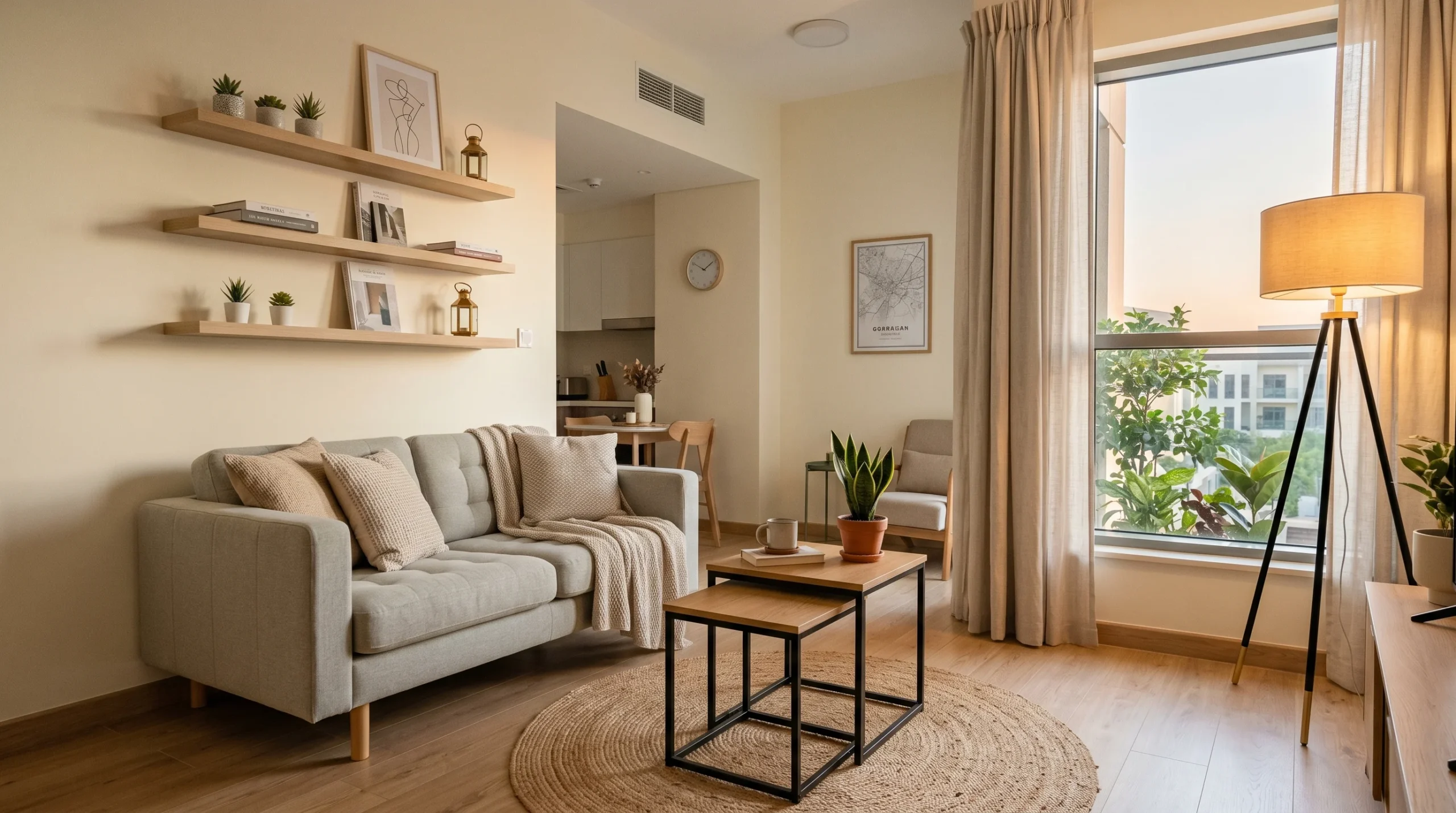 Expert small space furniture arrangement in a UAE apartment sofa with legs, floating shelves, minimal decor