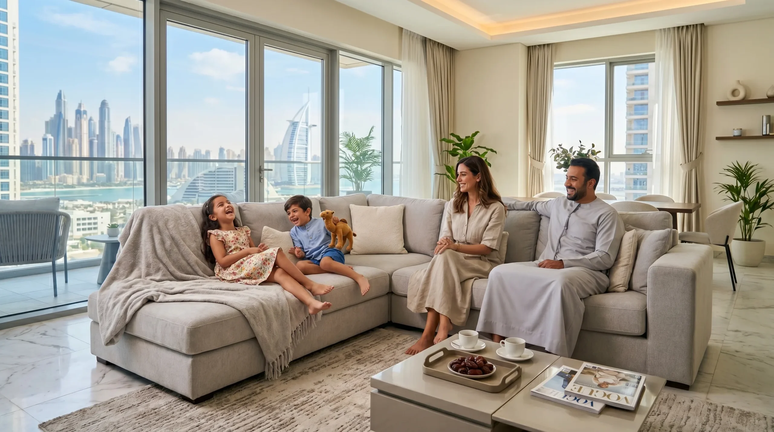 Family enjoying fabric sectional sofa in Dubai apartment durable microfiber ideal for UAE families