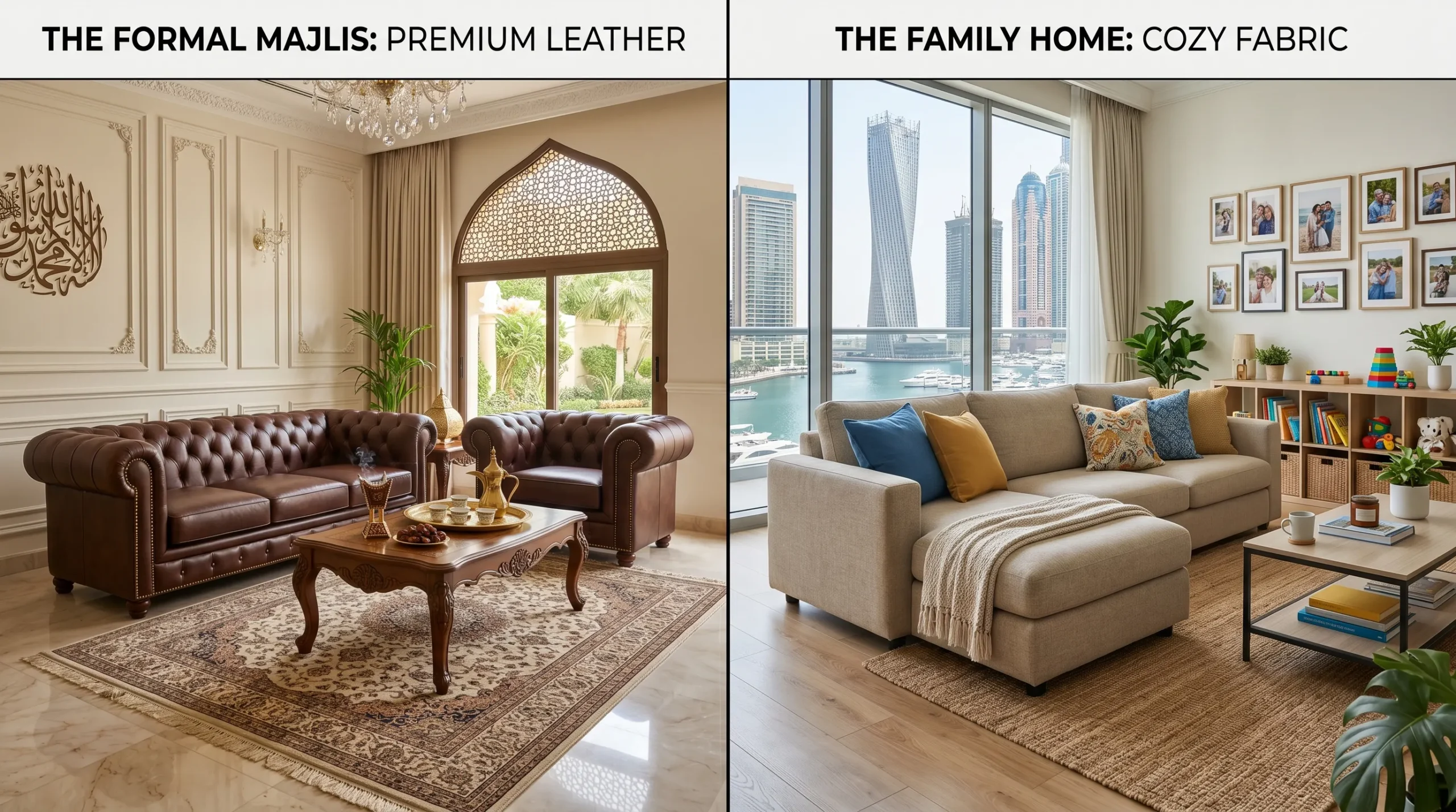 Fabric vs leather sofa comparison in UAE homes villa leather sofa vs apartment fabric sofa