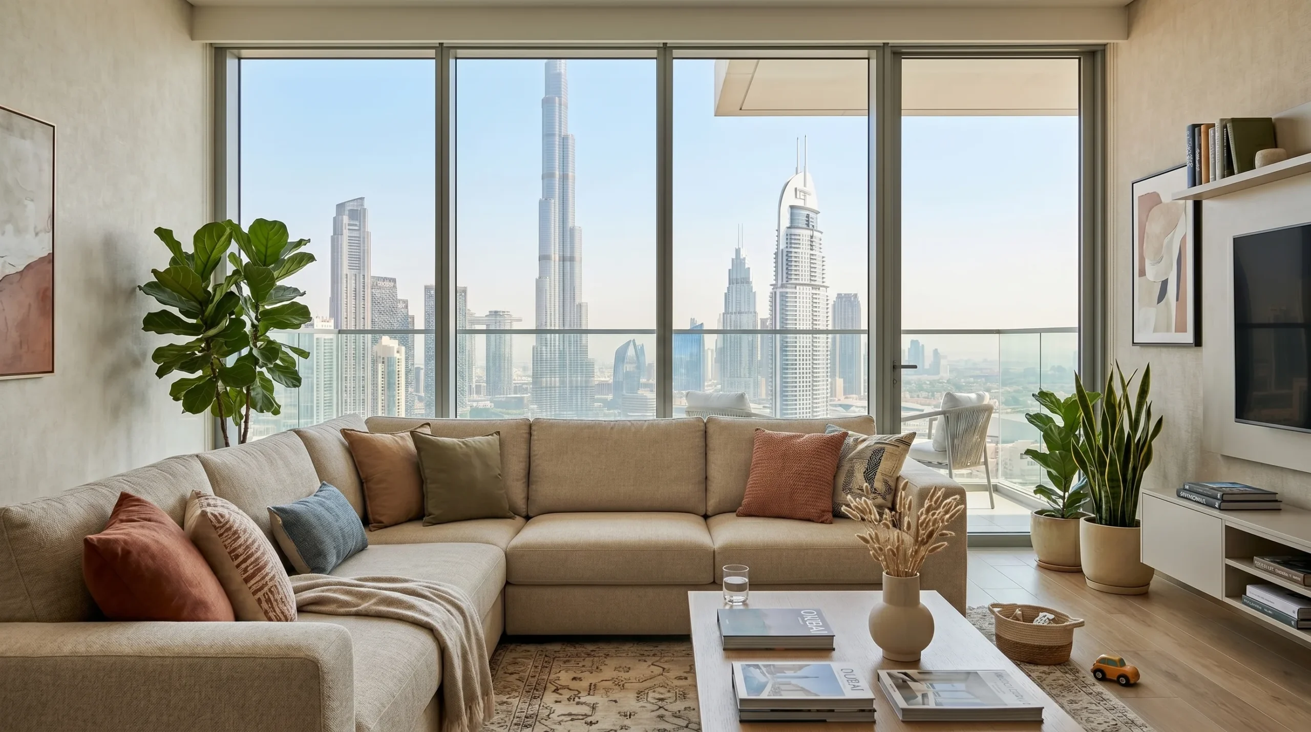 Fabric vs leather sofa Dubai — family relaxing on fabric sectional in modern UAE apartment living room