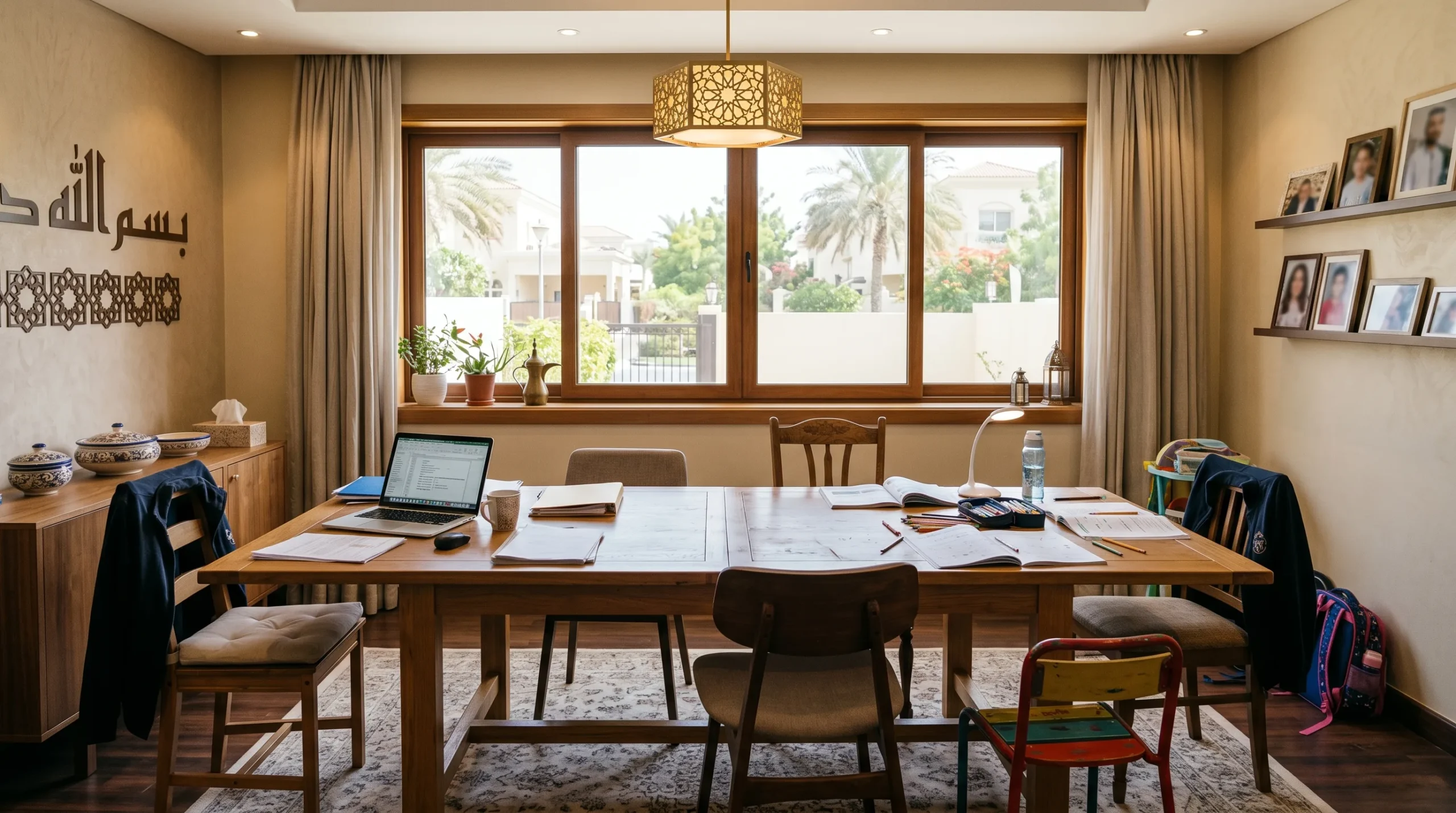 Family dining table UAE — solid wood extending dining table in a Dubai family home used for meals and homework
