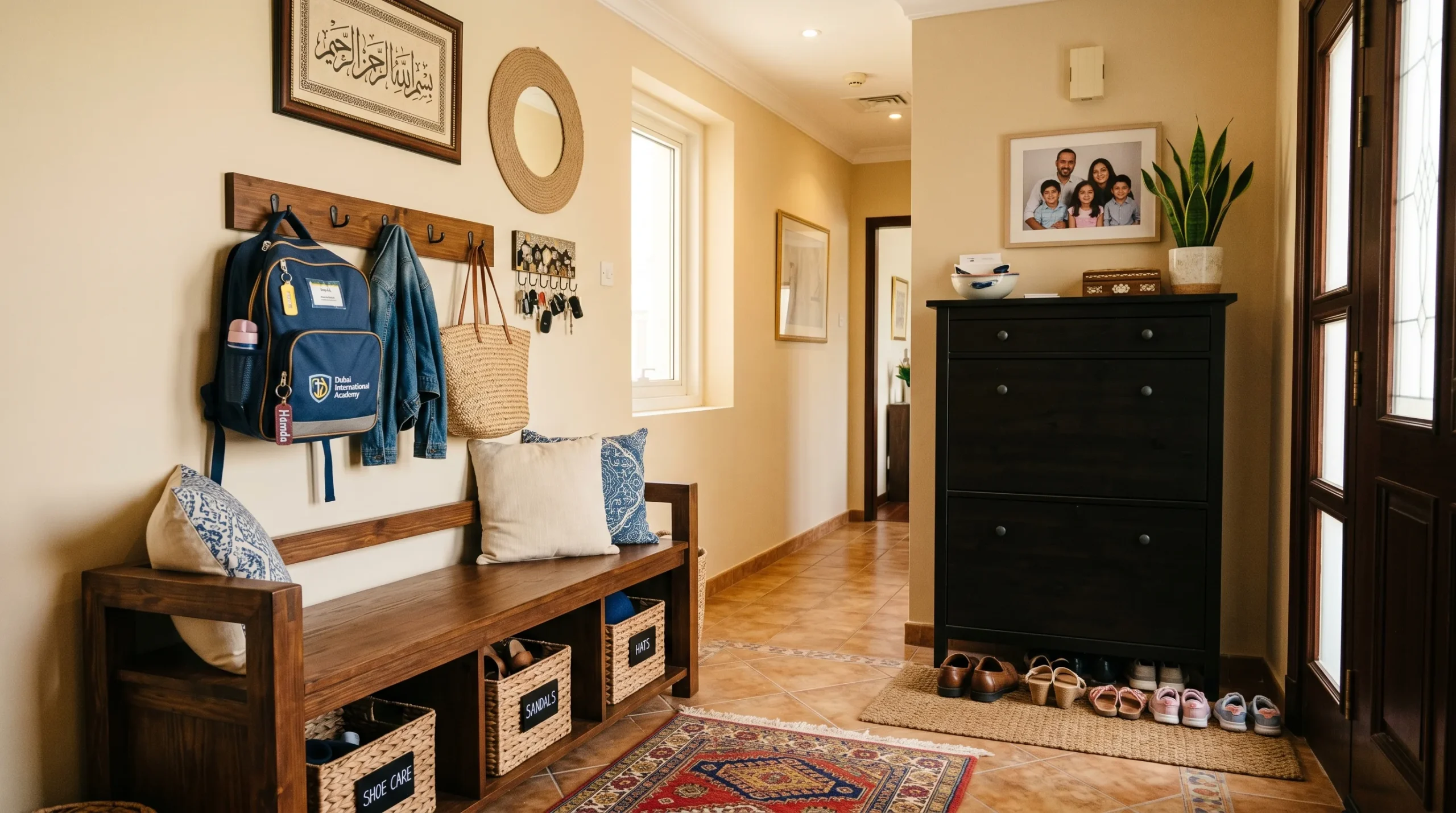Family entryway with shoe storage and bench in UAE home practical furniture ideas