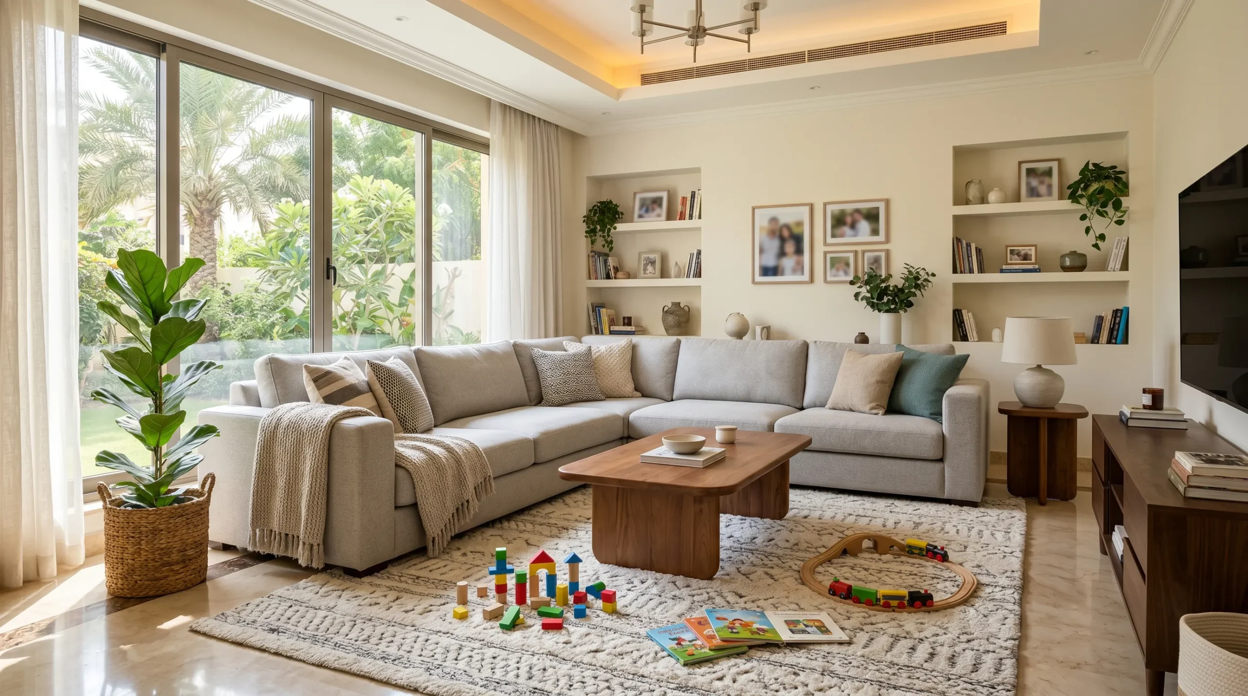 Family-friendly furniture UAE — children playing in a modern Dubai family living room with a durable fabric sectional sofa