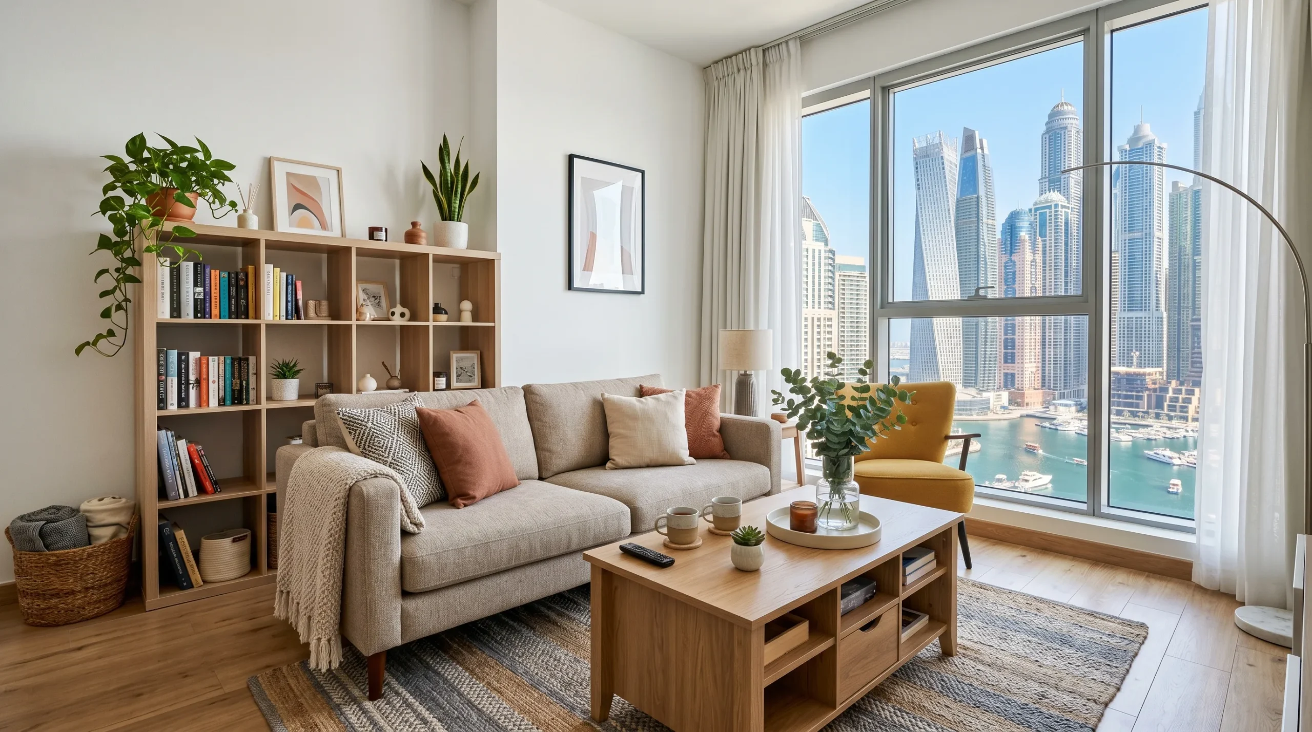 Affordable small apartment furniture UAE — compact sofa and space-saving living room by Karnak Home