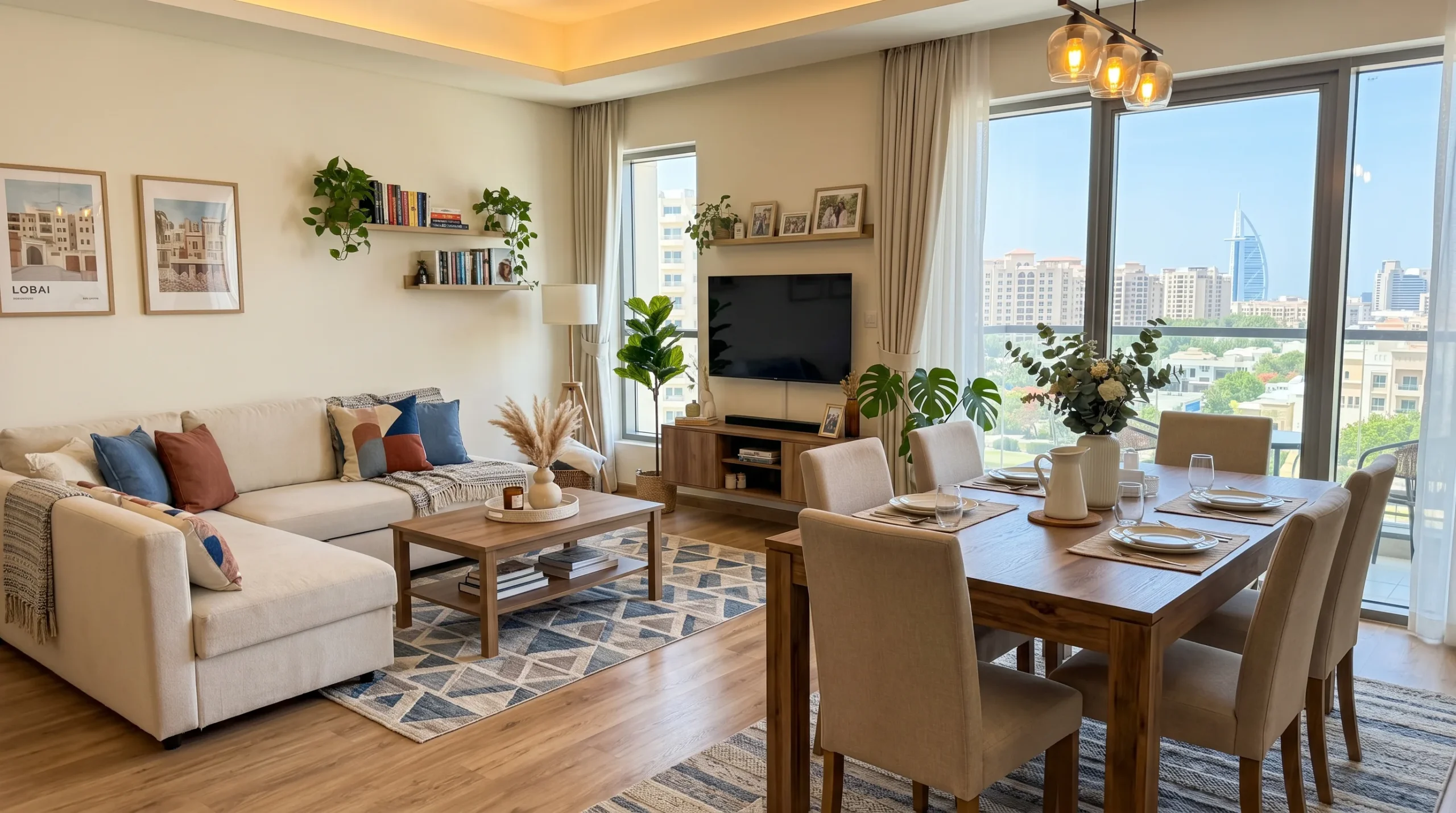 Complete furnished Dubai apartment living and dining area - budget guide from Karnak Home