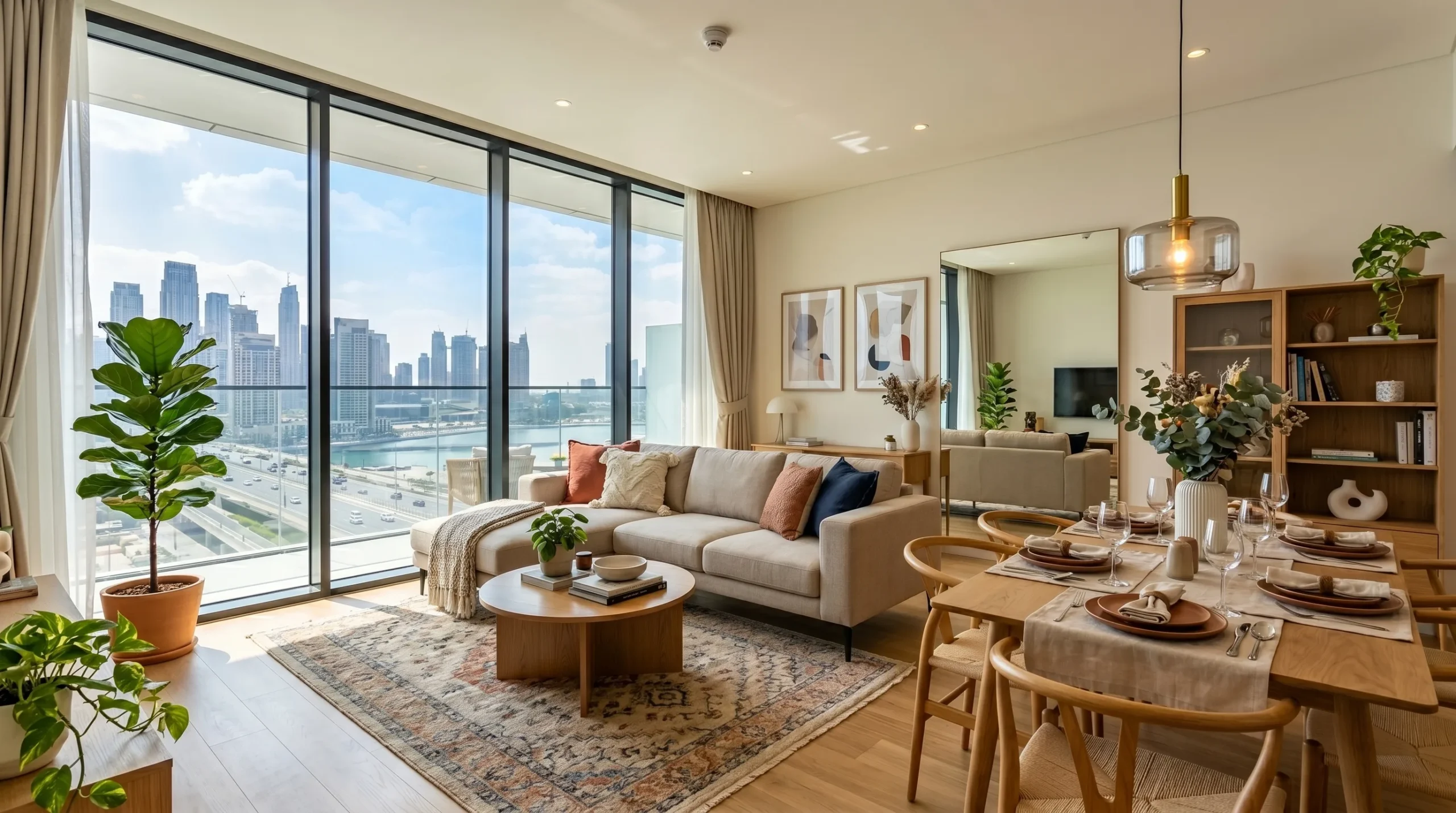 Furnishing a Dubai apartment guide modern living room with sofa and dining set by Karnak Home