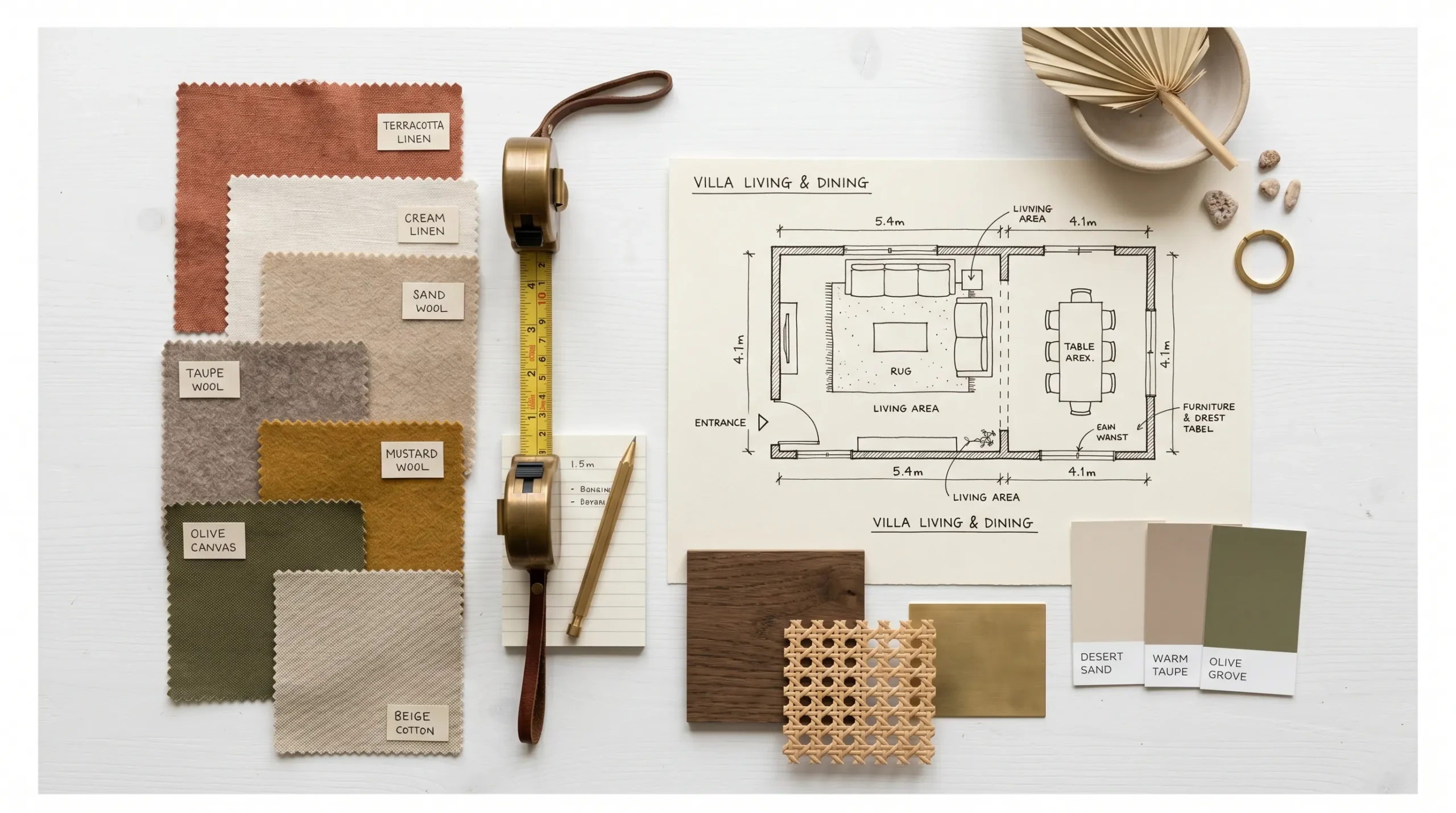 Furniture budget planning materials including floor plan, fabric swatches and tape measure