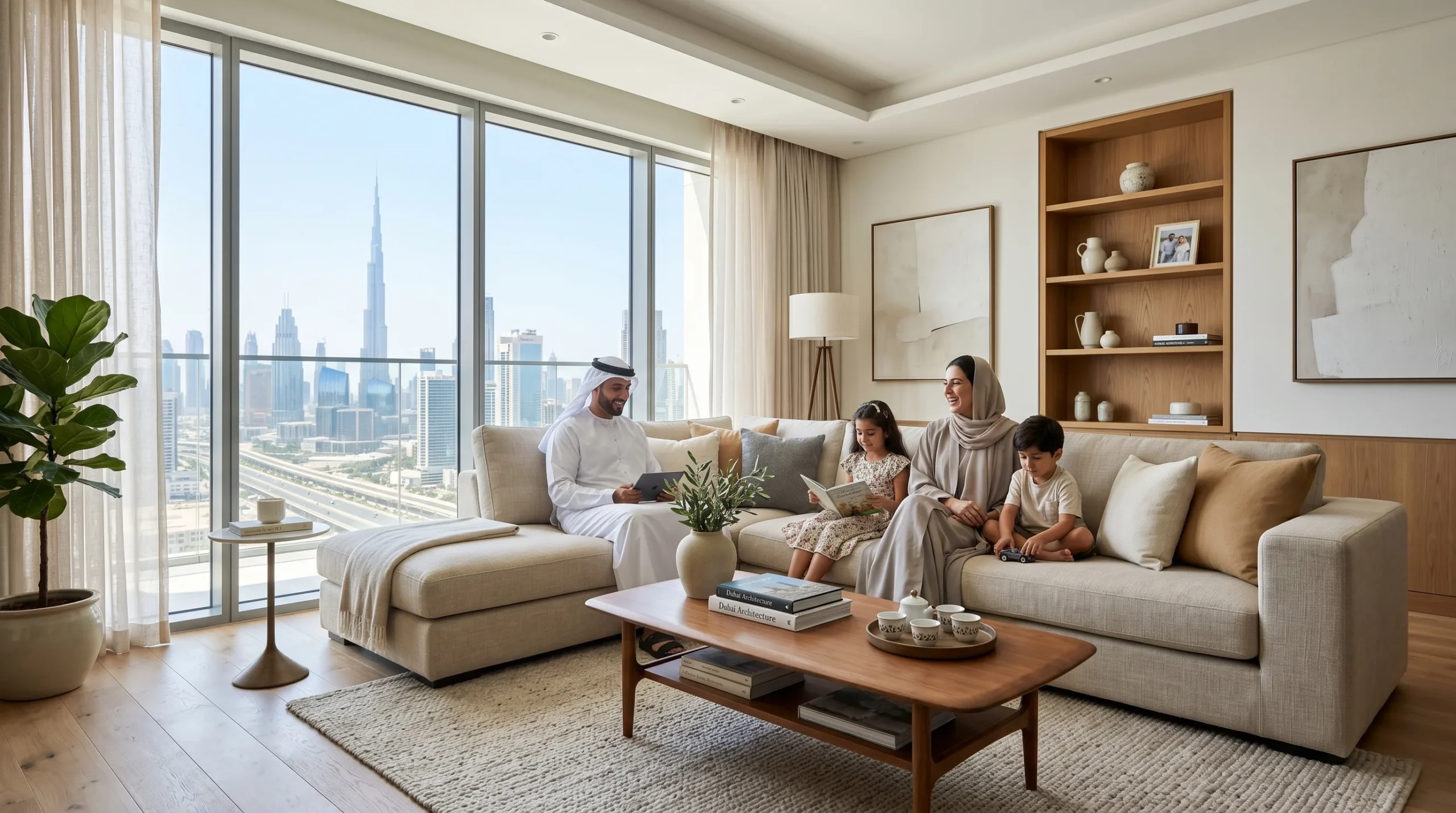 furniture buying mistakes UAE families avoid , stylish Dubai apartment living room with family 