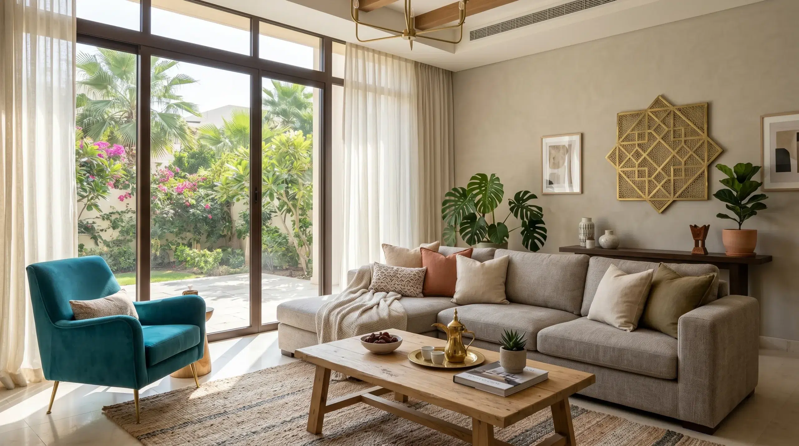 Furniture color guide UAE home — neutral greige sofa with bold teal accent chair in Dubai villa living room