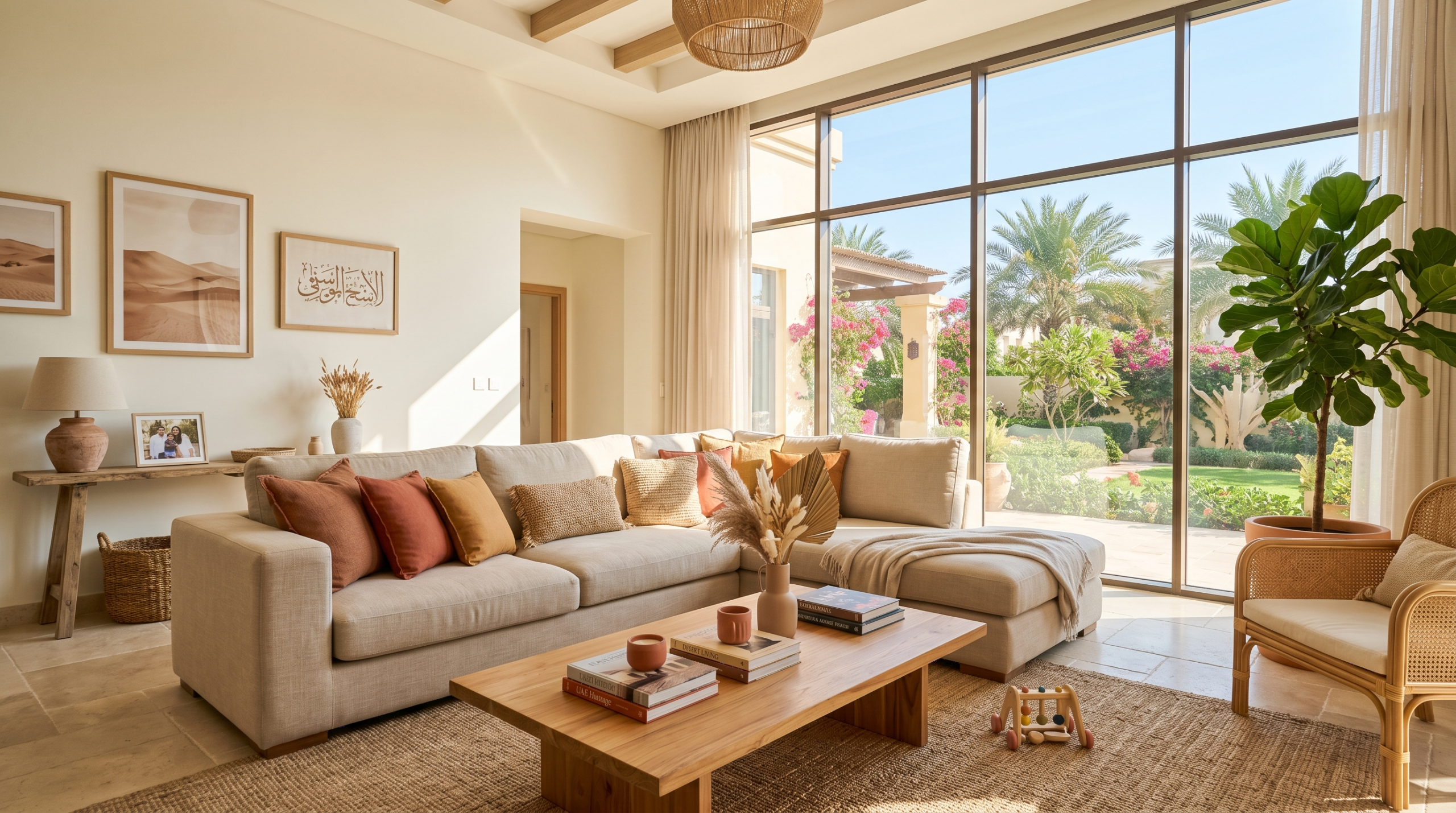 Best furniture colors for UAE interiors — beige sofa in sunlit Dubai villa living room with warm tones